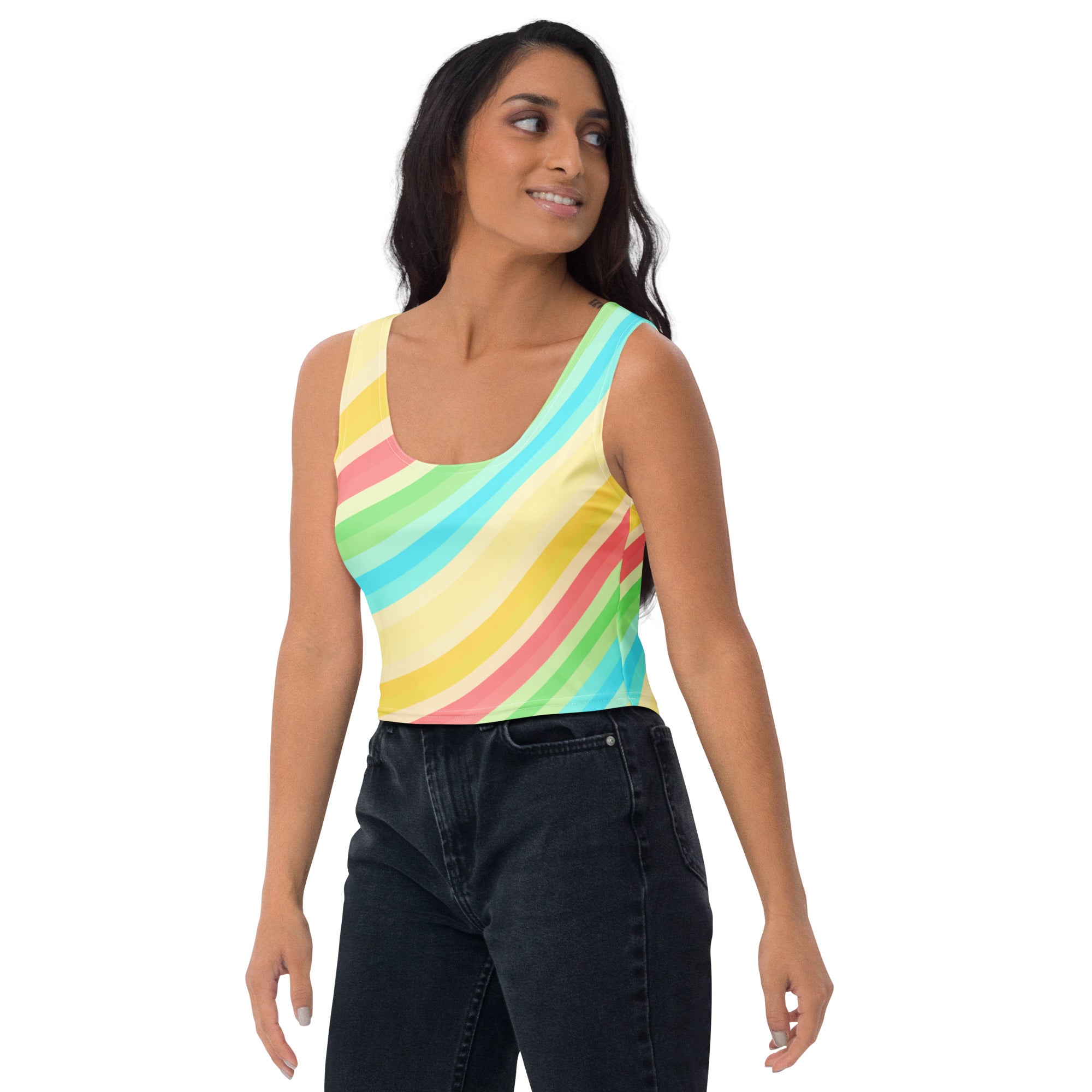 Women's Curved Rainbow Stripe Buttery Soft Crop Top- Quick-Drying UPF 50+ Stretch To