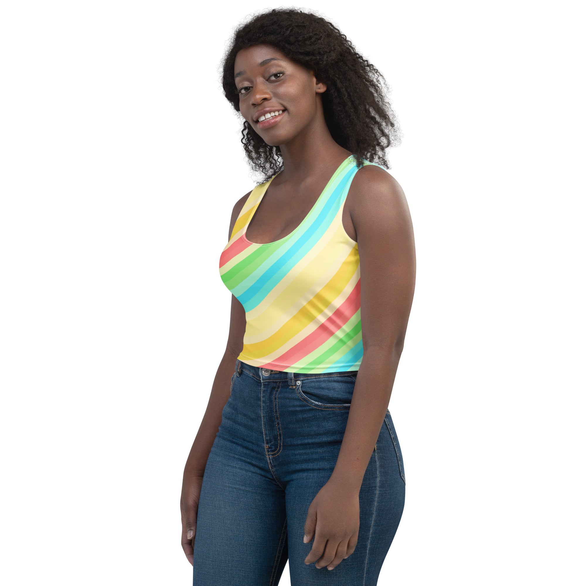 Women's Curved Rainbow Stripe Buttery Soft Crop Top- Quick-Drying UPF 50+ Stretch To