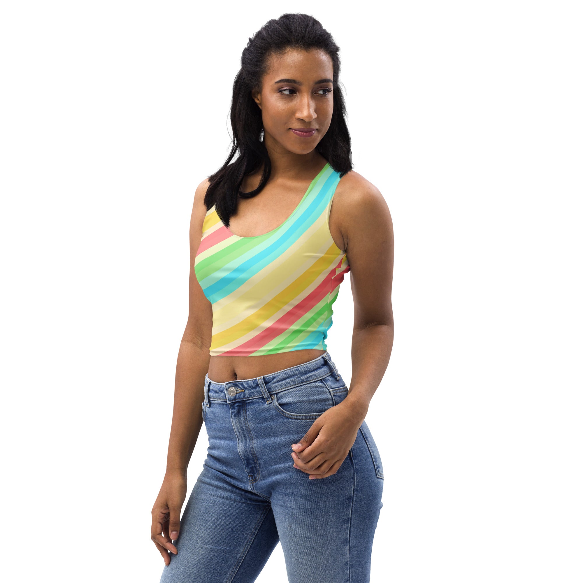 Women's Curved Rainbow Stripe Buttery Soft Crop Top- Quick-Drying UPF 50+ Stretch To