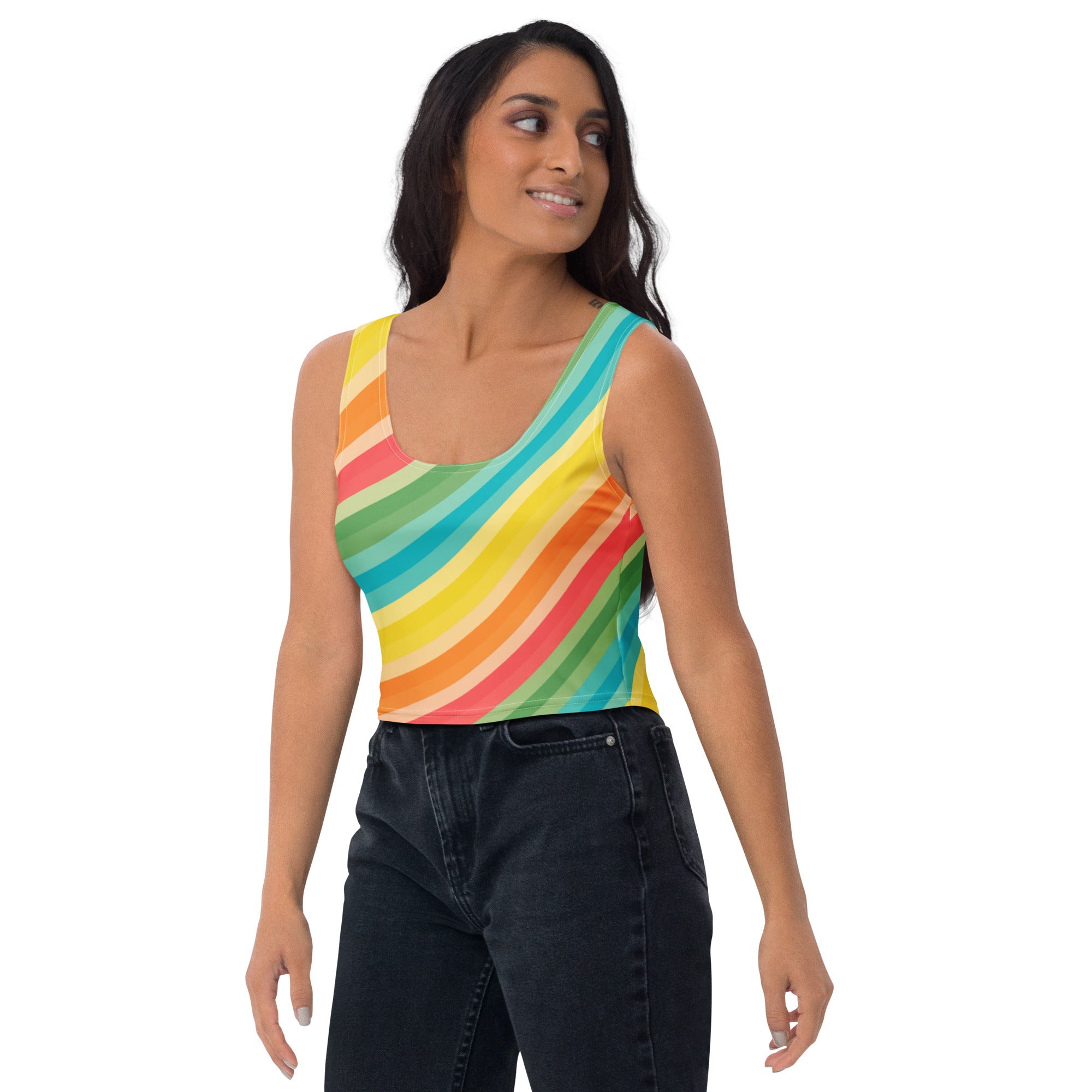 Women's Curved Rainbow Buttery Soft Crop Top- Quick-Drying UPF 50+ Stretch Top