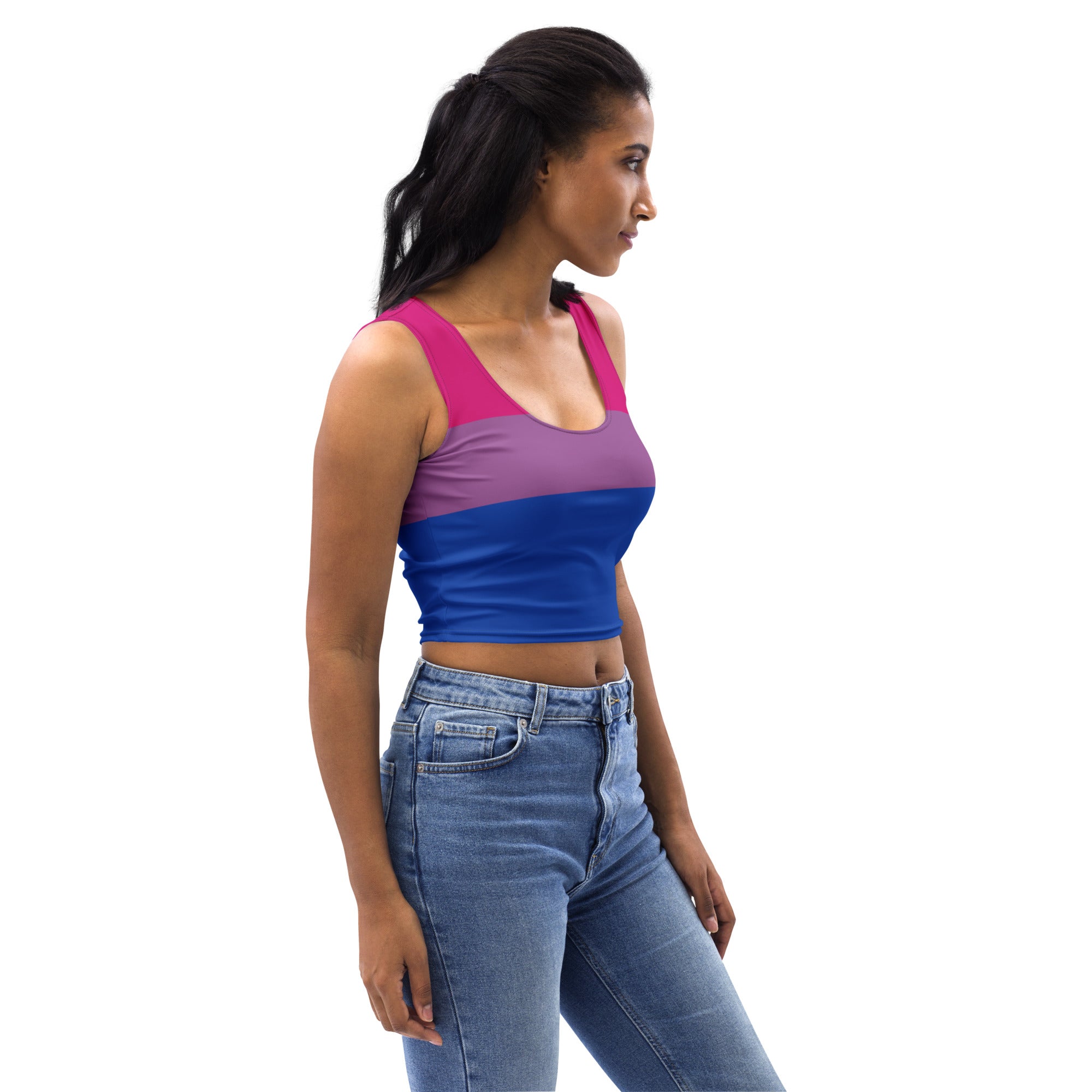 Women’s bisexual flag buttery soft crop top featuring vibrant pink purple and blue horizontal stripes and a fitted design
