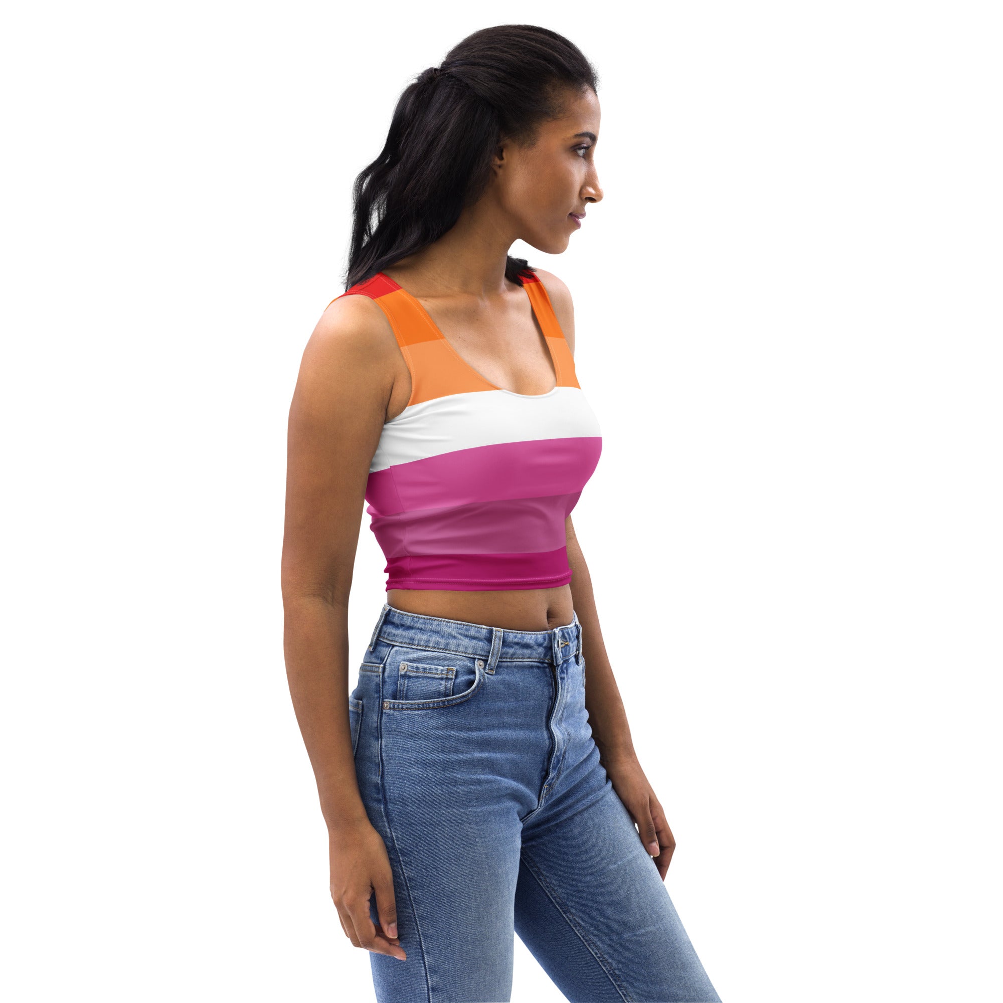 Women’s lesbian flag buttery soft sleeveless crop top with bold orange white and magenta horizontal stripes