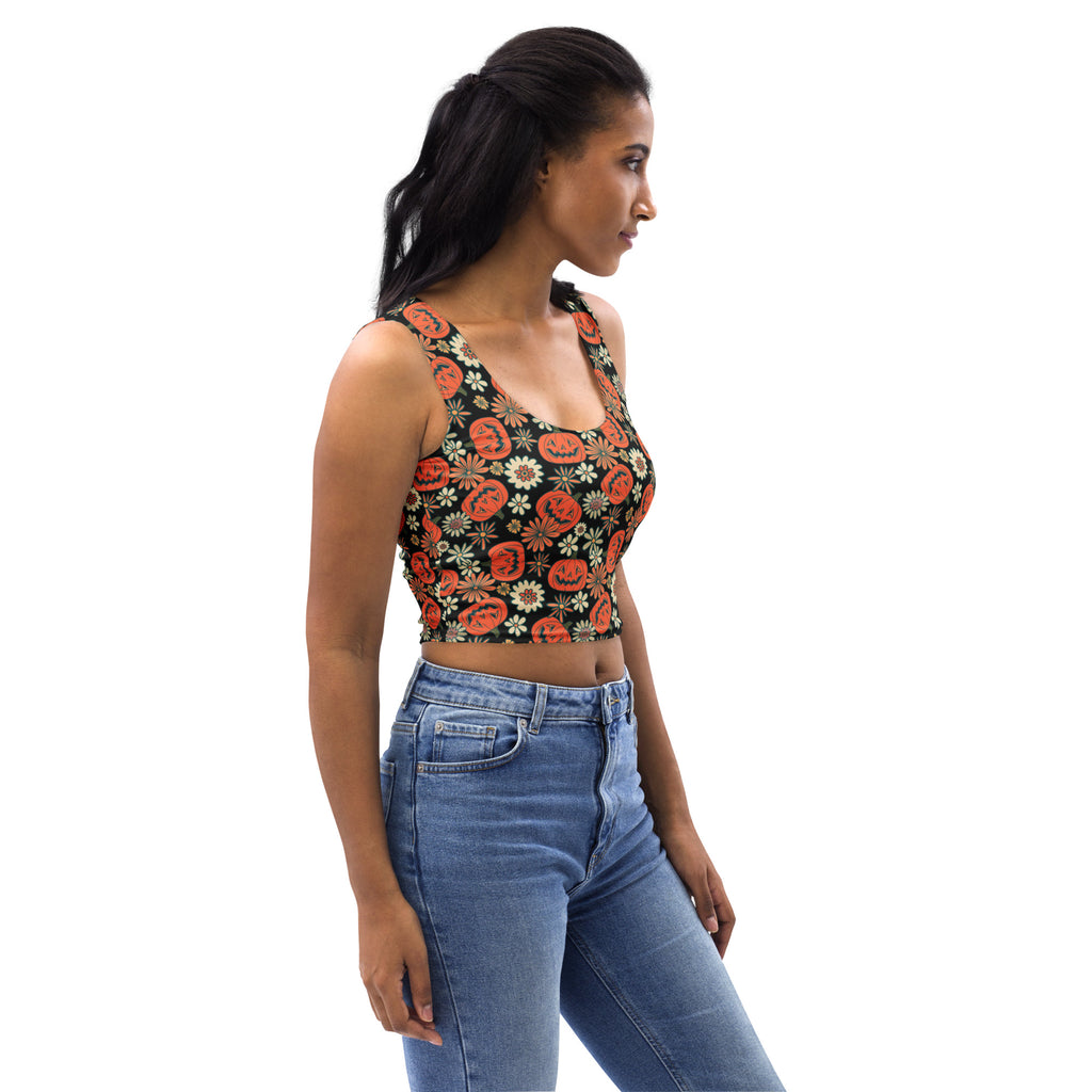 Women’s buttery soft black crop top with orange pumpkin and white floral halloween vintage print