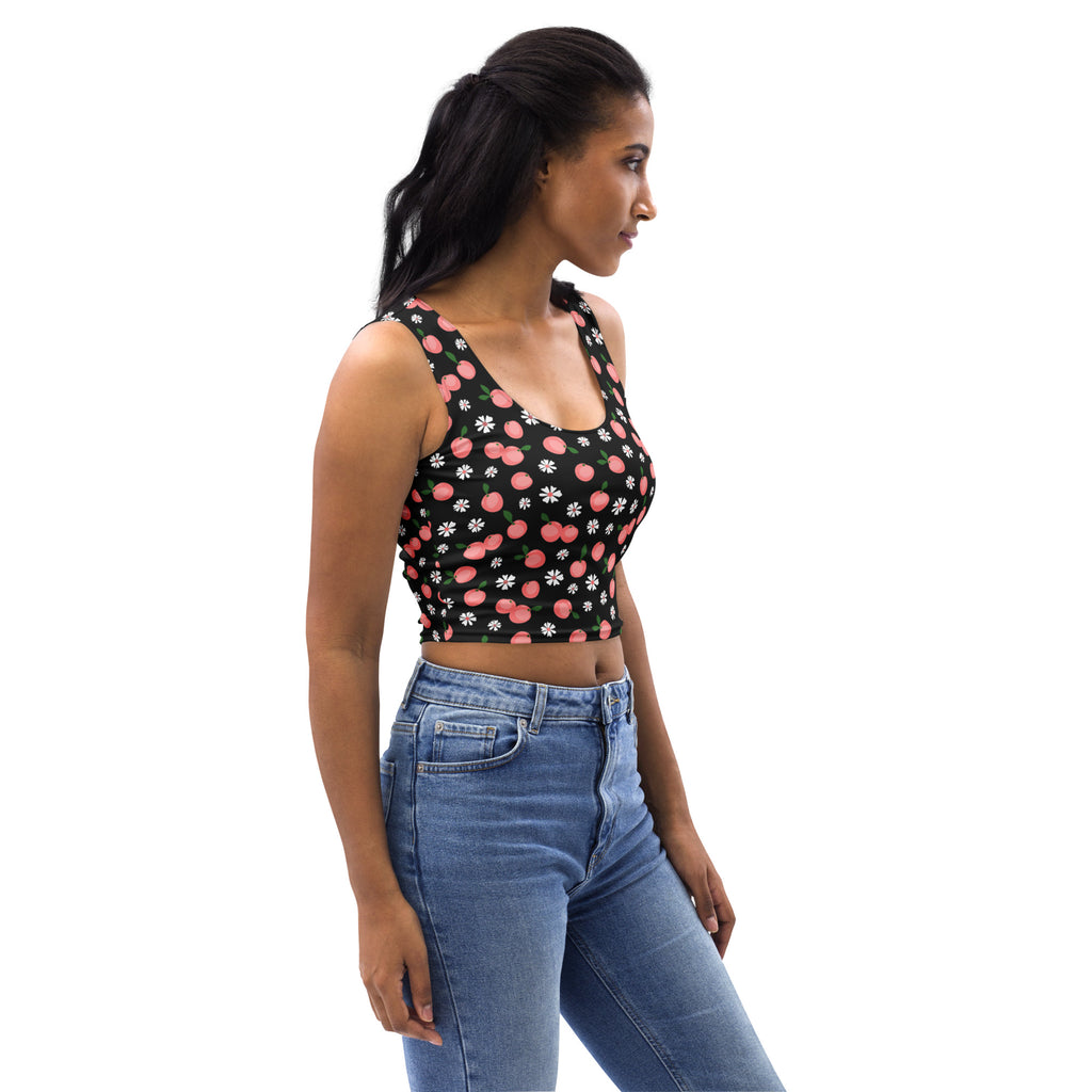 Women’s peach blossom buttery soft black crop top with pink cherry and white daisy print front view