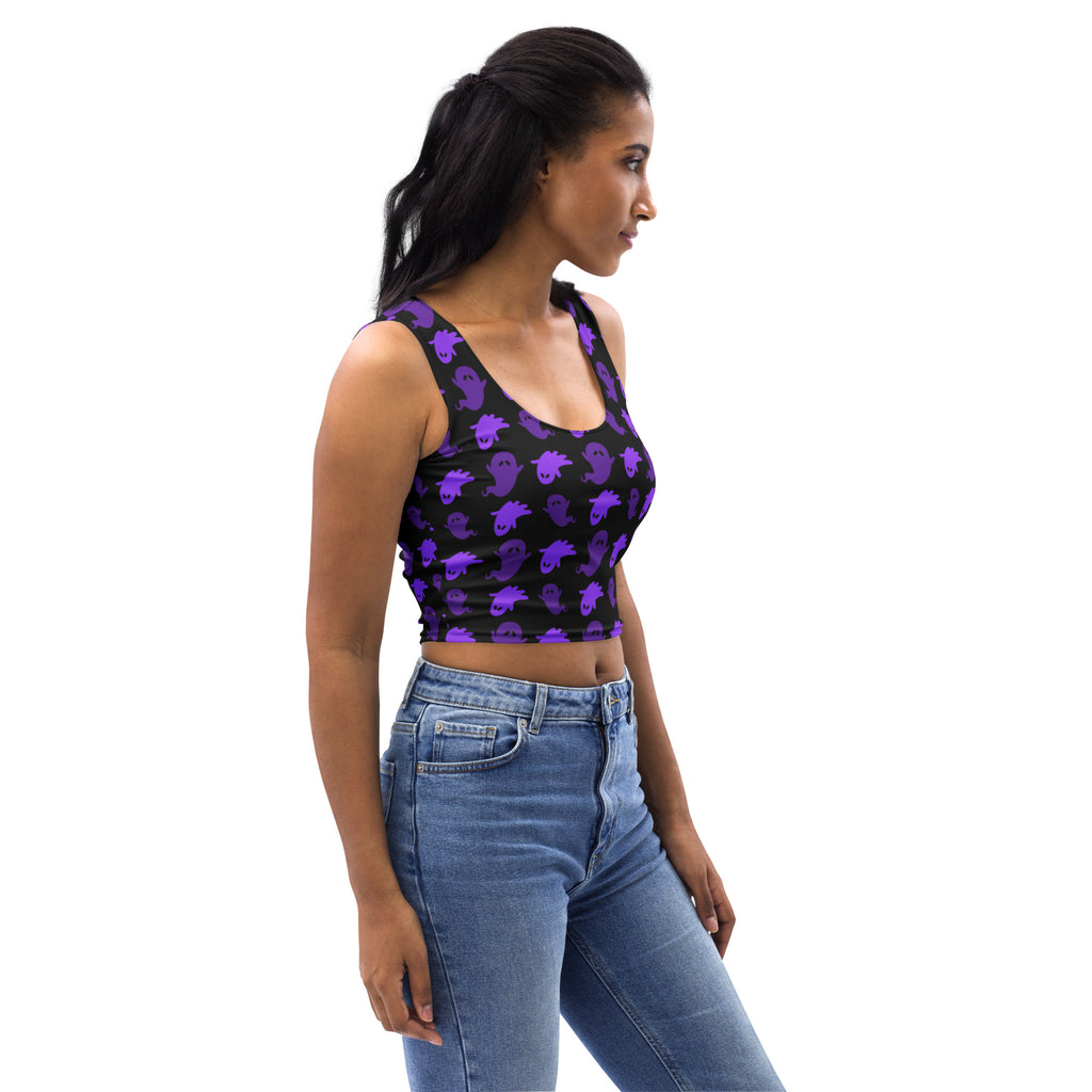 Black buttery soft crop top with purple ghost prints designed for women halloween wear