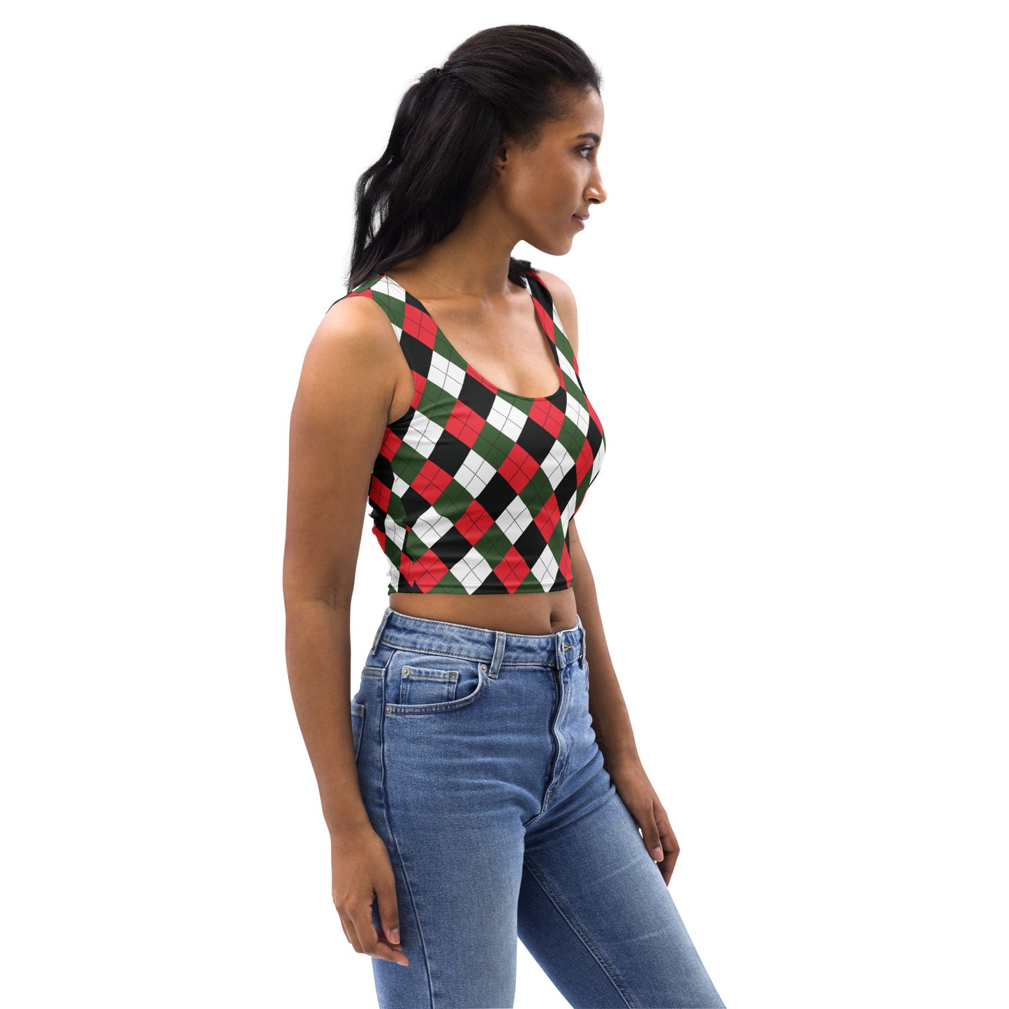 Women's Red and Green Argyle Plaid Christmas Holiday Buttery Soft Crop Top