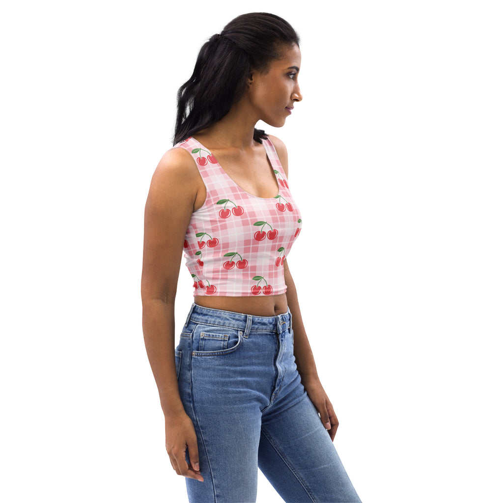 Women’s pink gingham buttery soft crop top with red cherry prints and white checkered pattern