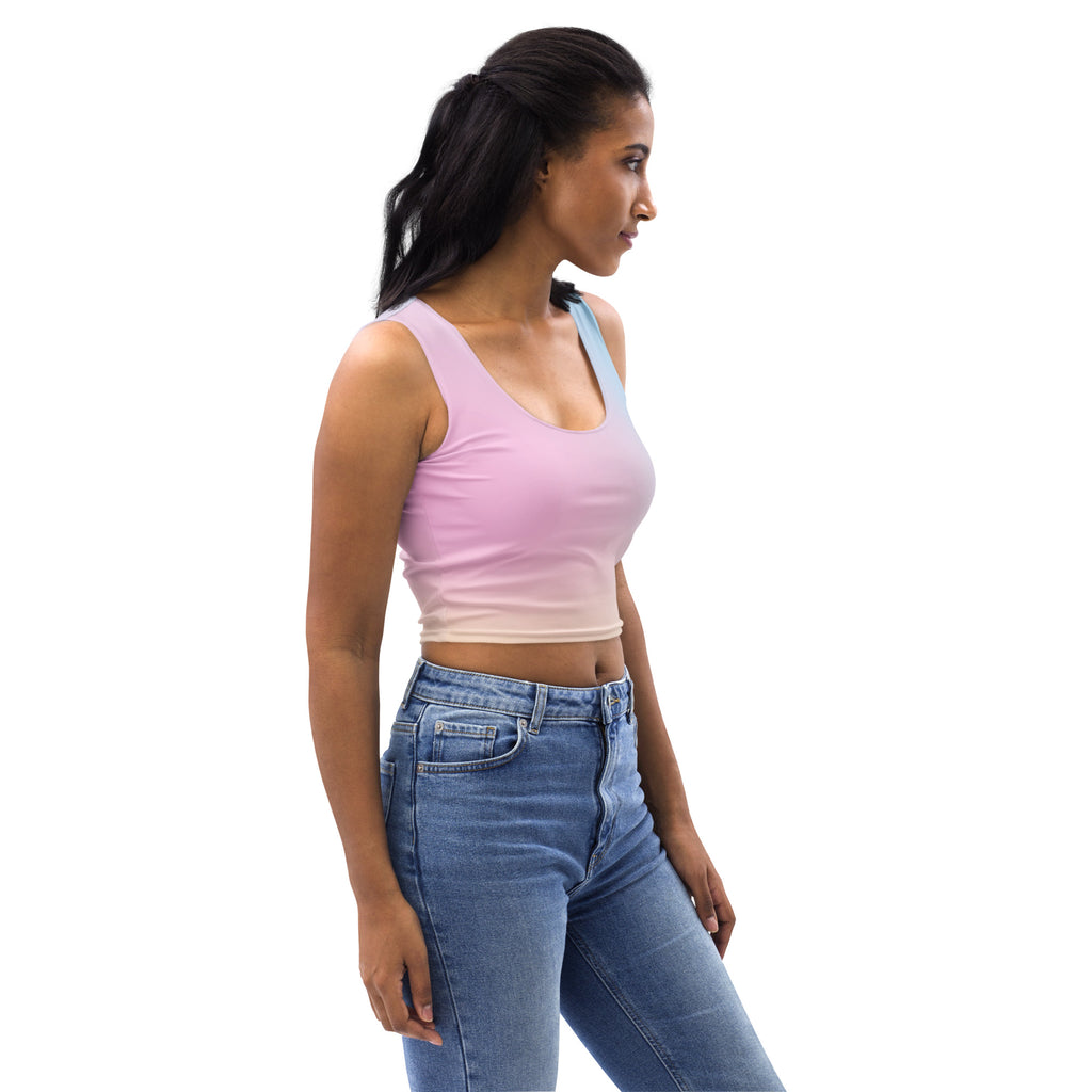 Women’s kawaii pastel pink and light blue gradient buttery soft crop top with scoop neckline