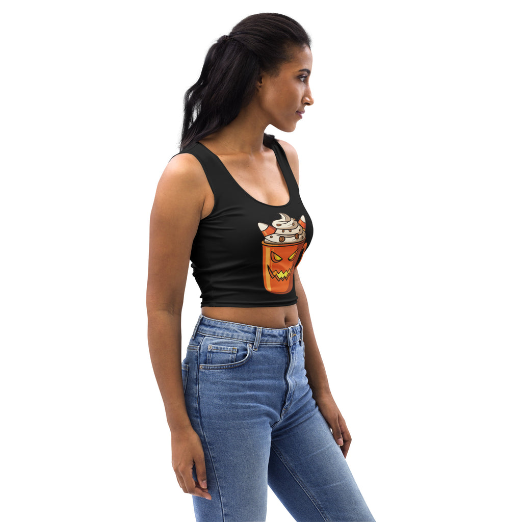 Women’s black buttery soft cropped tank top featuring a cartoon pumpkin cup with whipped cream and horns design for halloween