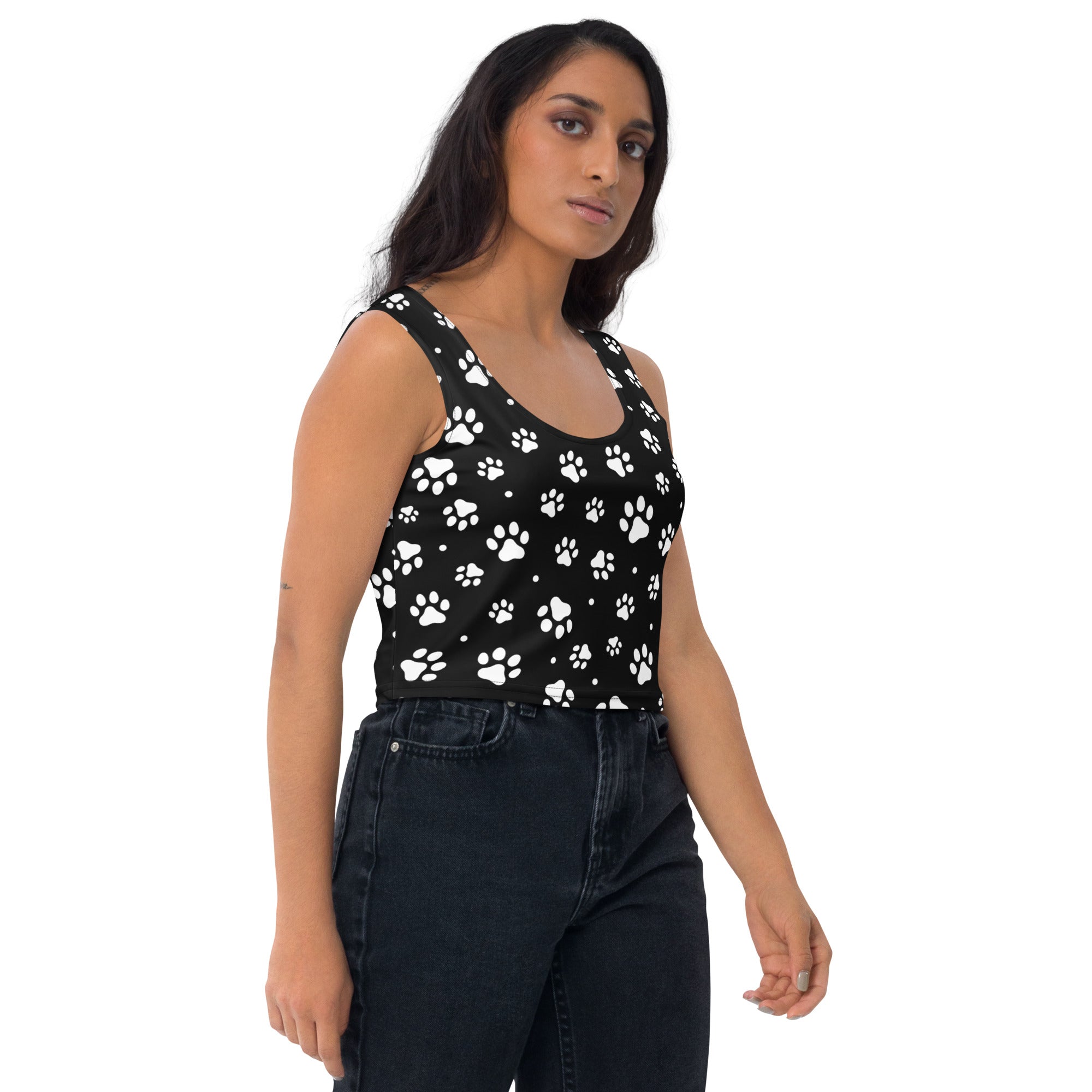 Women's Black Paw Print Buttery Soft Crop Top- Quick-Drying UPF 50+ Stretch Top