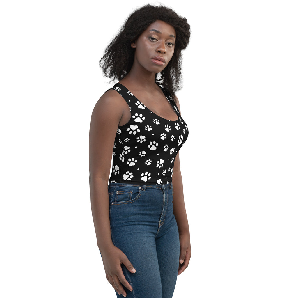 Women's Black Paw Print Buttery Soft Crop Top- Quick-Drying UPF 50+ Stretch Top