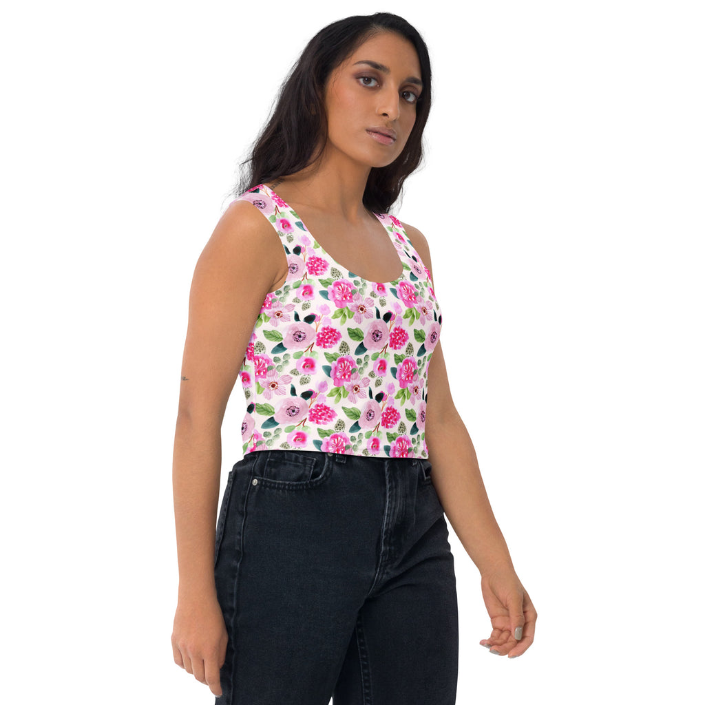 Women's Pink Watercolor Flowers Buttery Soft Crop Top- Quick-Drying UPF 50+ Stretch Top