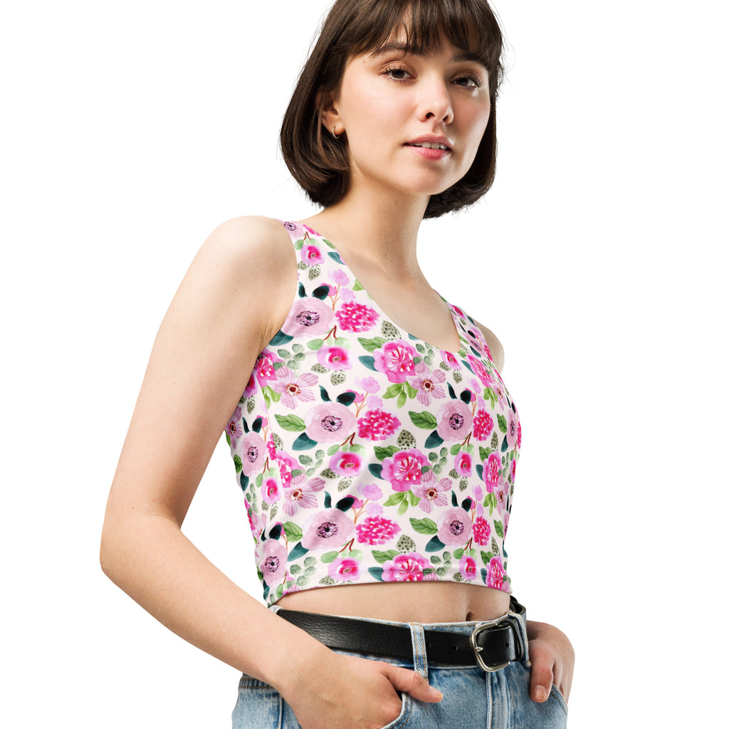 Women's Pink Watercolor Flowers Buttery Soft Crop Top- Quick-Drying UPF 50+ Stretch Top
