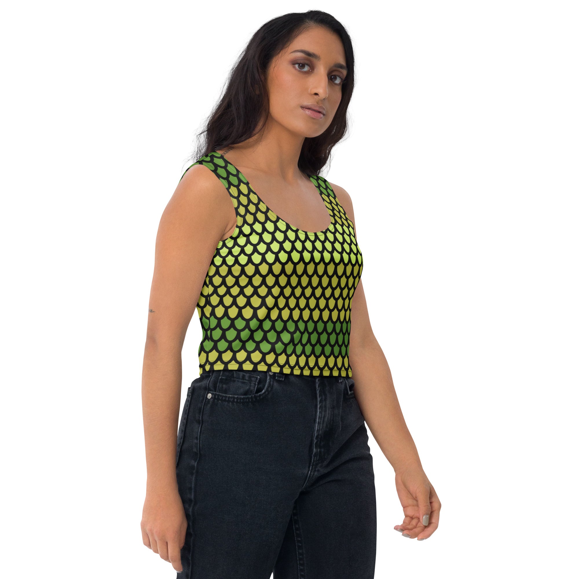 Women's Green Snake Scales Buttery Soft Crop Top- Quick-Drying UPF 50+ Stretch Top