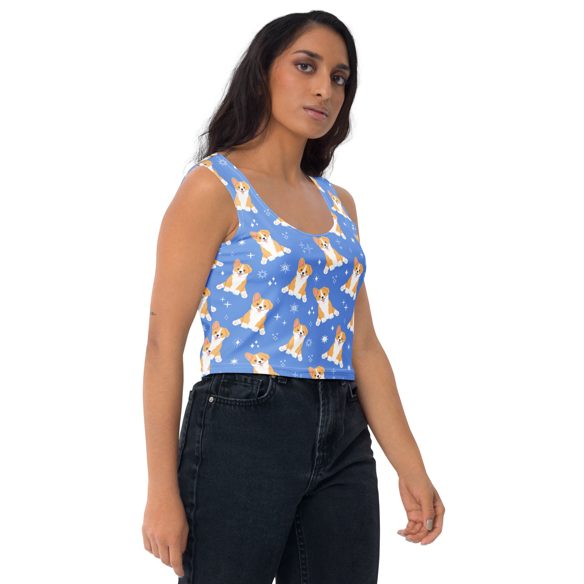 Women's Blue Corgi Dog Buttery Soft Crop Top- Quick-Drying UPF 50+ Stretch Top