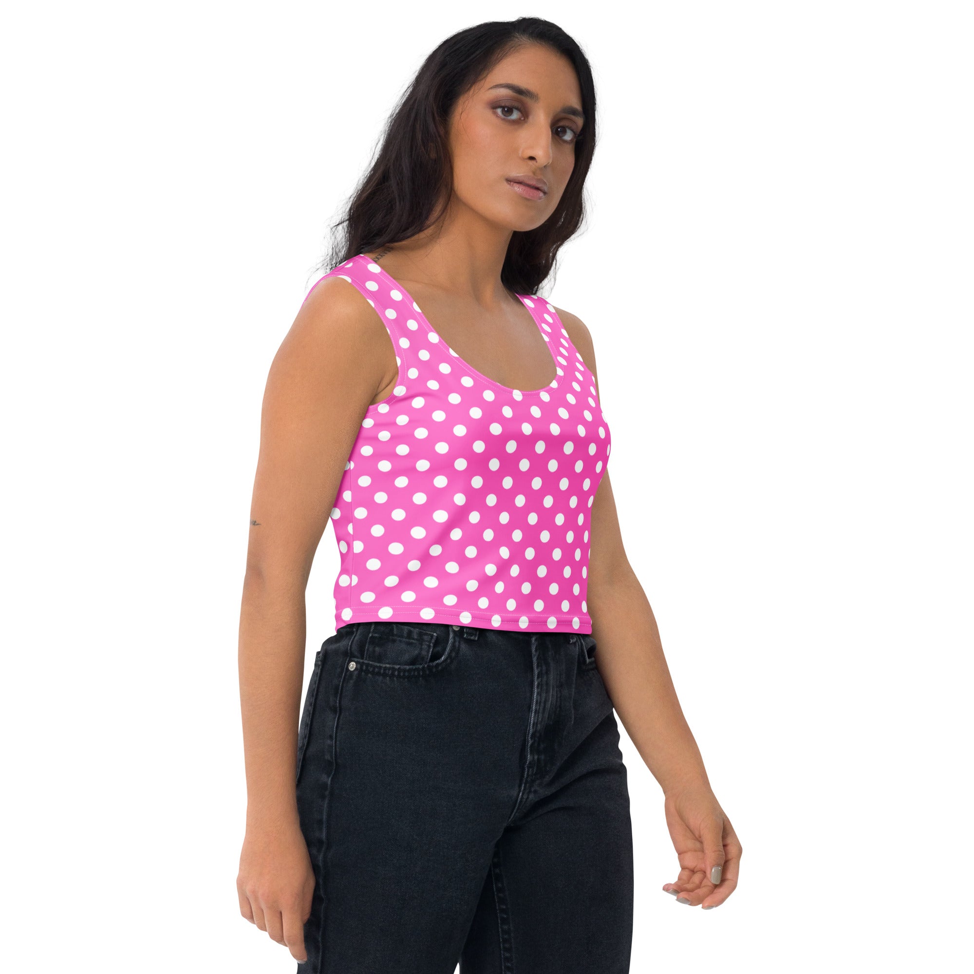 Women's Pink Polka Dot Buttery Soft Crop Top- Quick-Drying UPF 50+ Stretch Top