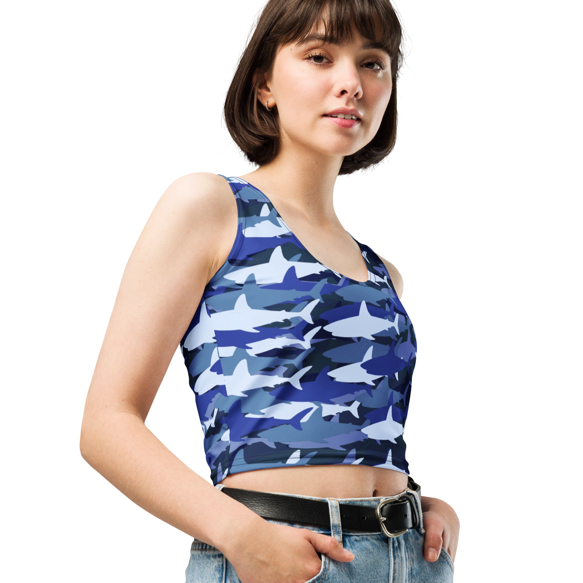 Women's Blue Shark Camouflage Buttery Soft Crop Top- Quick-Drying UPF 50+ Stretch Top