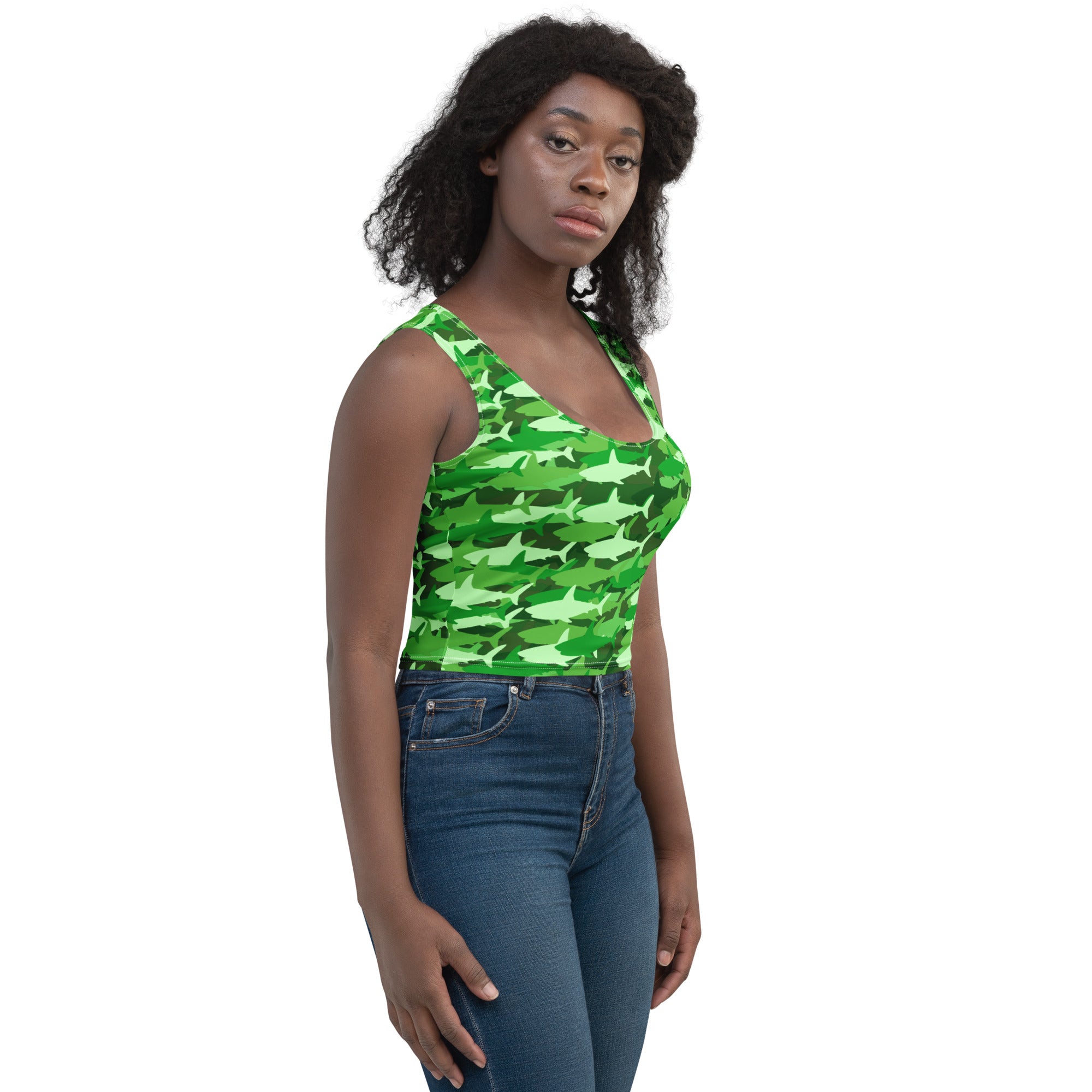 Women's Green Shark Camouflage Buttery Soft Crop Top- Quick-Drying UPF 50+ Stretch Top