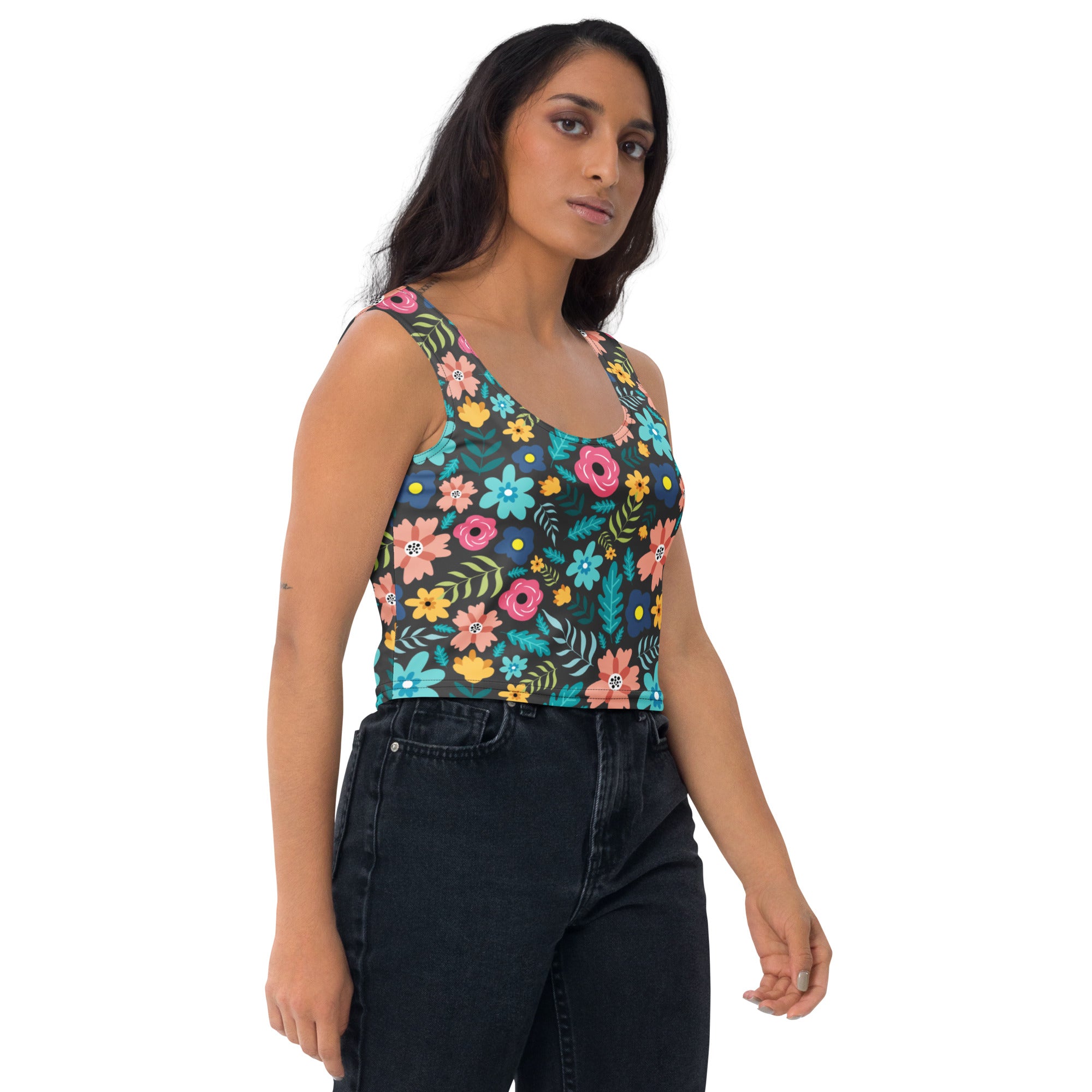 Women's Dark Floral Buttery Soft Crop Top- Quick-Drying UPF 50+ Stretch Top