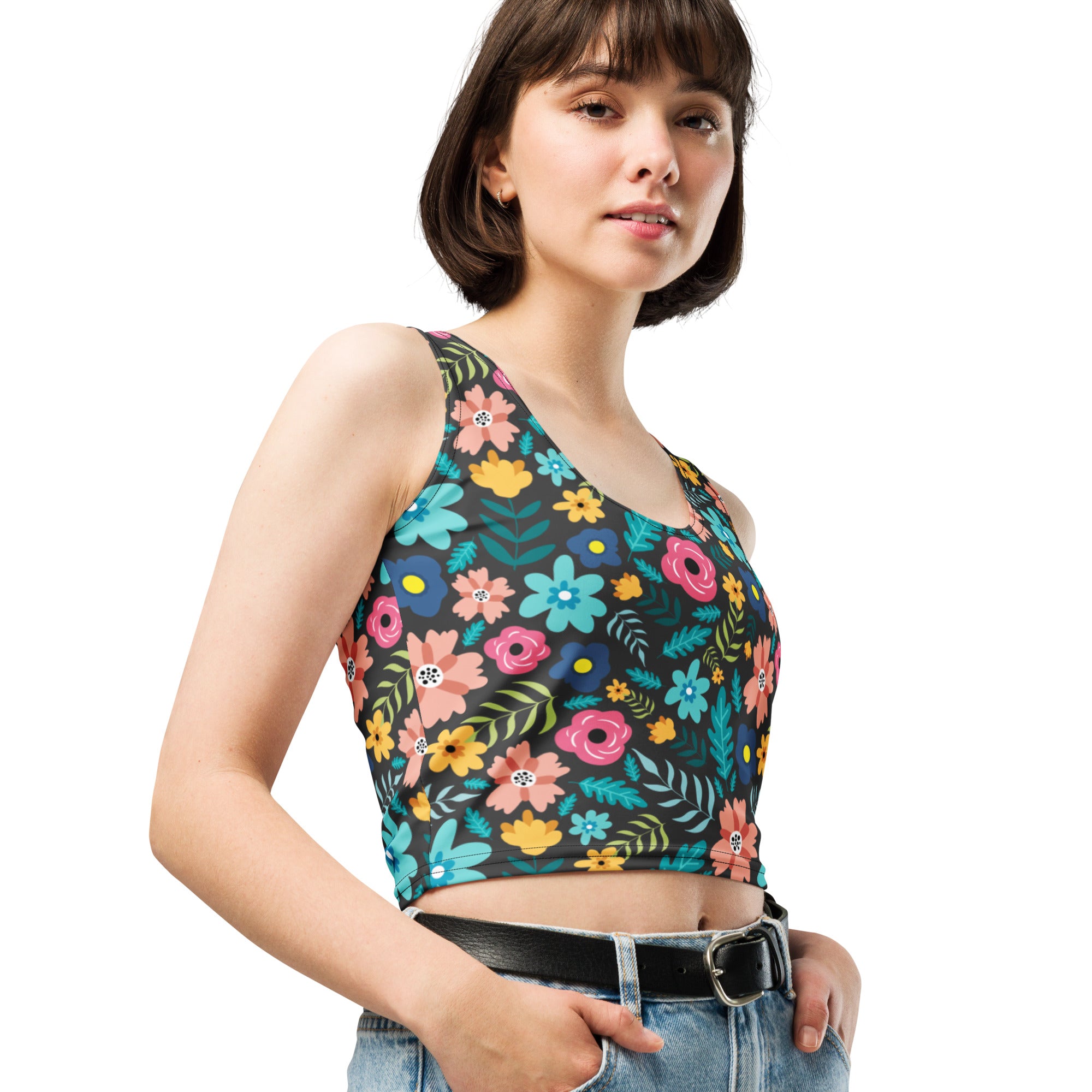 Women's Dark Floral Buttery Soft Crop Top- Quick-Drying UPF 50+ Stretch Top