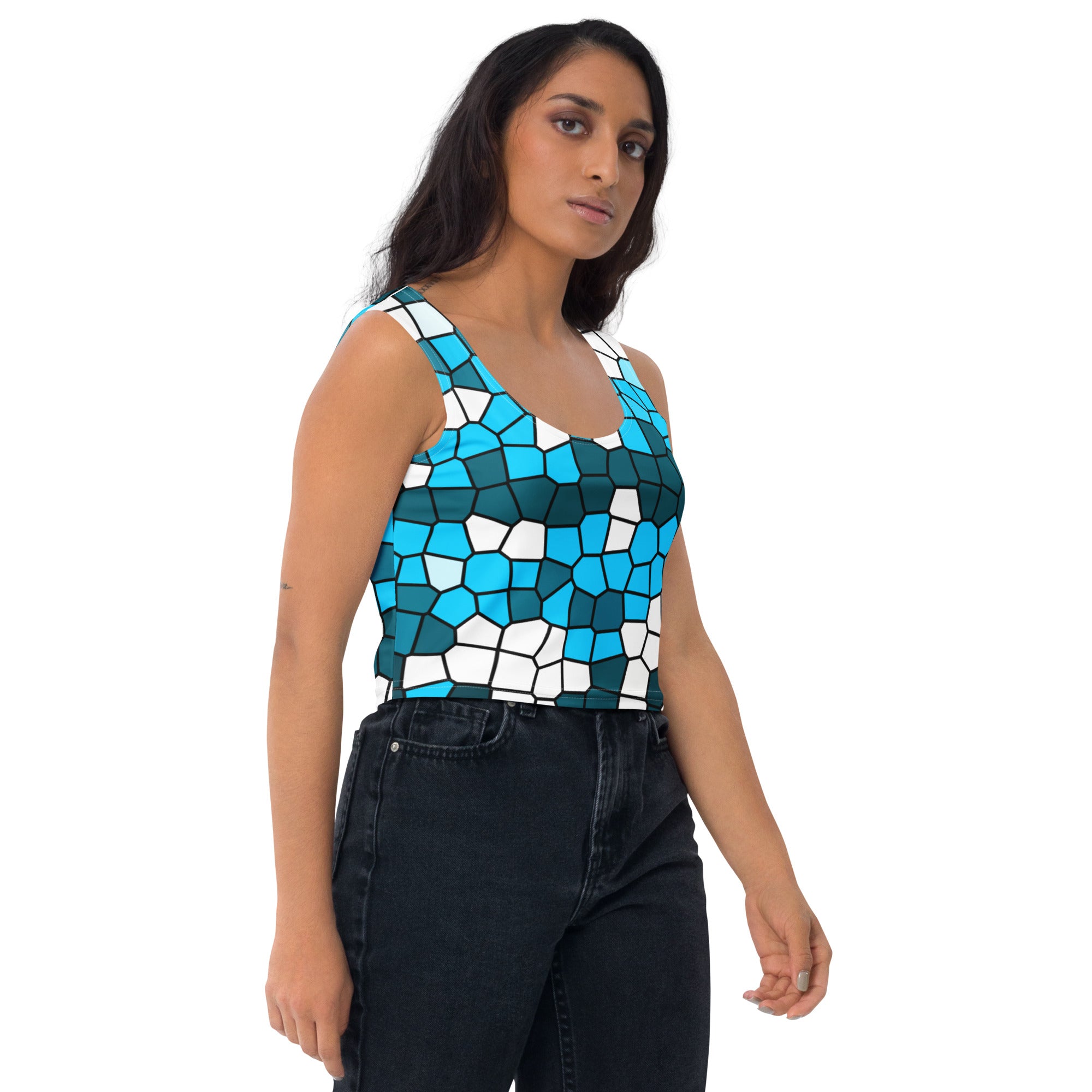 Women's Blue Abstract Buttery Soft Crop Top- Quick-Drying UPF 50+ Stretch Top