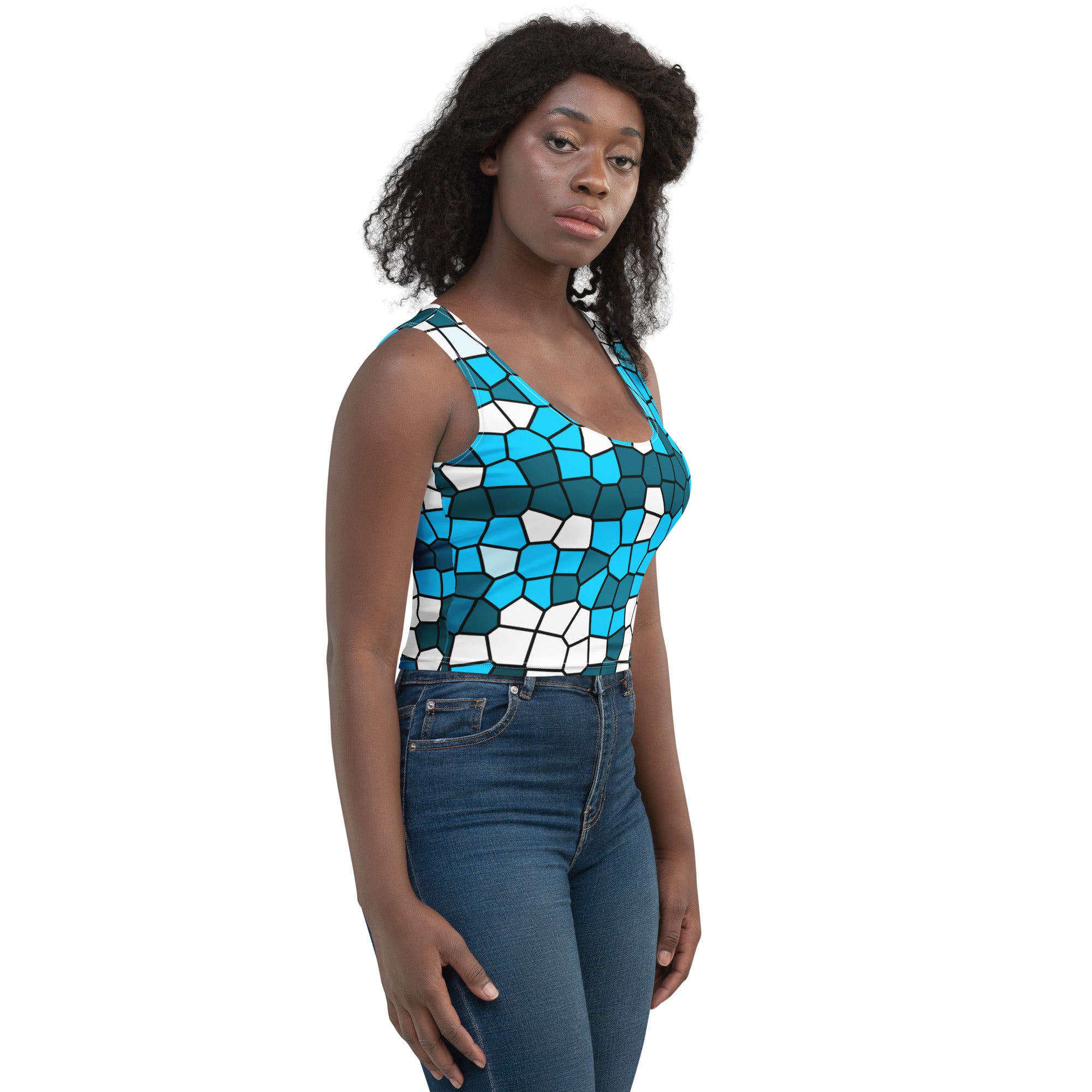 Women's Blue Abstract Buttery Soft Crop Top- Quick-Drying UPF 50+ Stretch Top