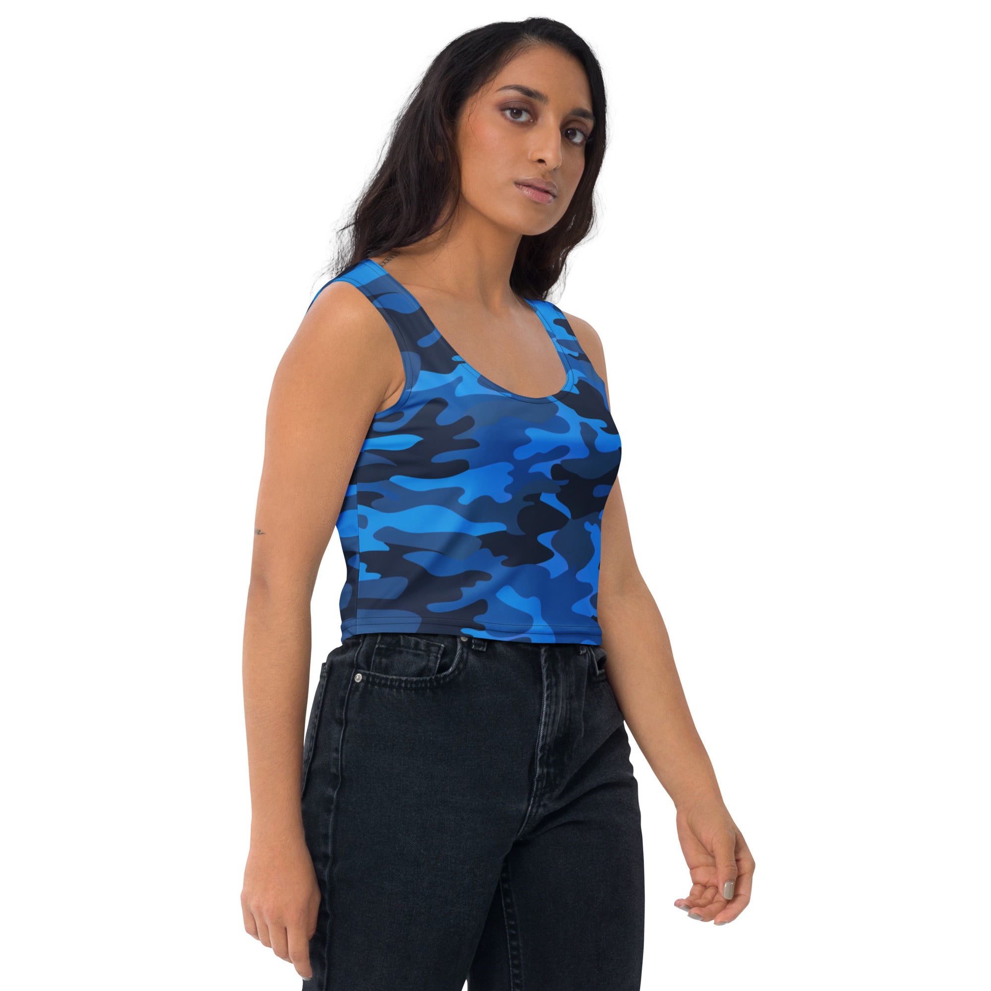 Women's Blue Camouflage Buttery Soft Crop Top- Quick-Drying UPF 50+ Stretch Top