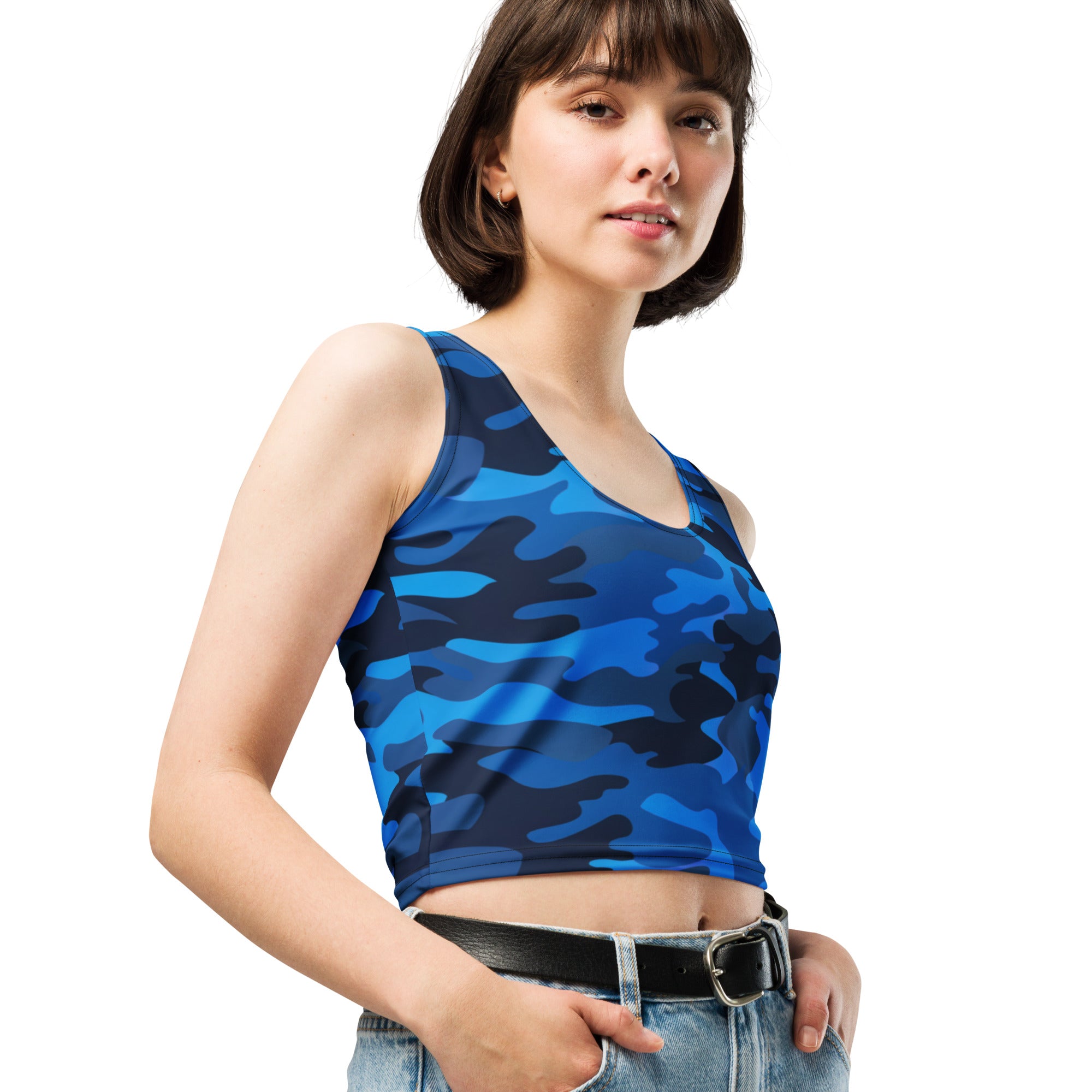 Women's Blue Camouflage Buttery Soft Crop Top- Quick-Drying UPF 50+ Stretch Top