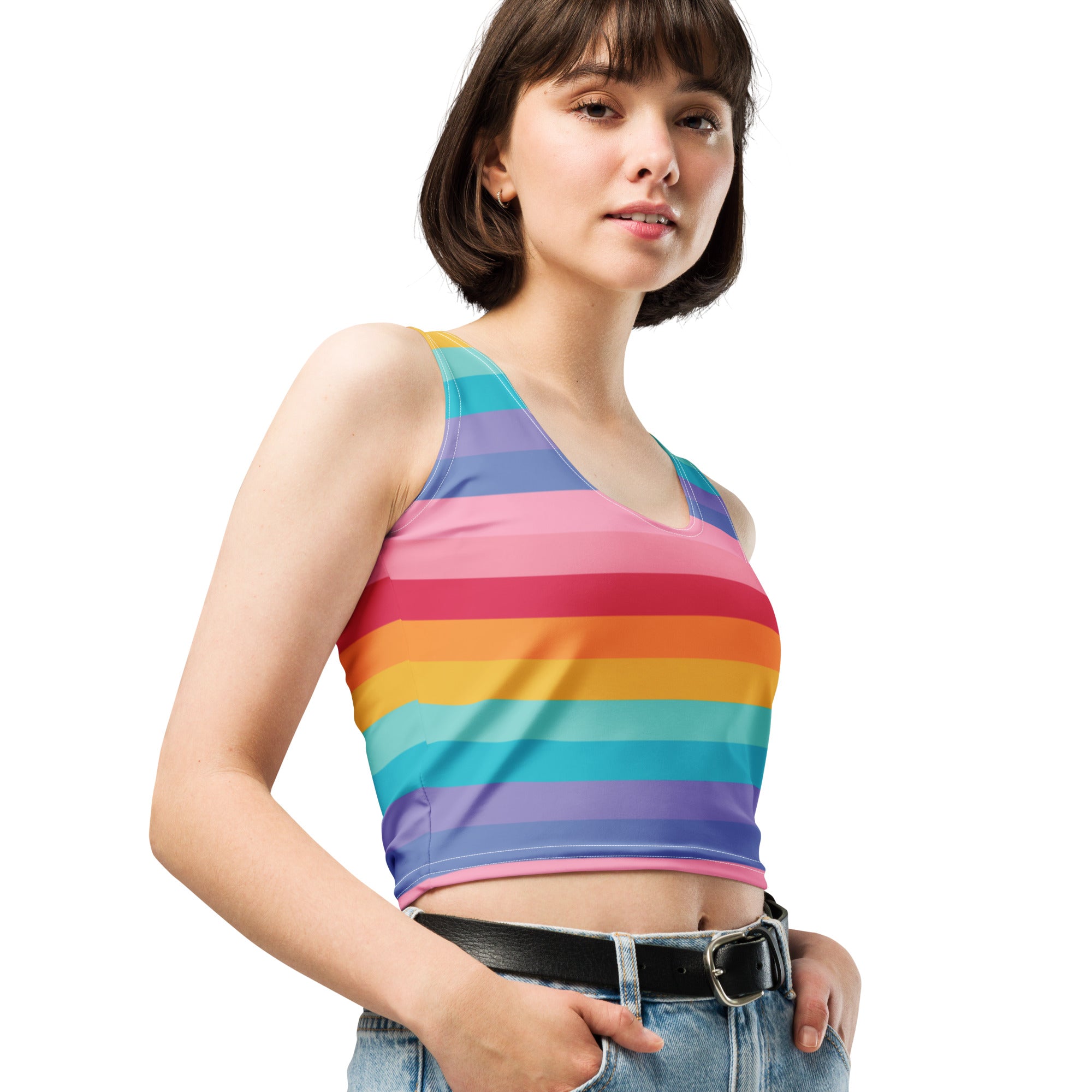 Women's Bright Striped Rainbow Buttery Soft Crop Top- Quick-Drying UPF 50+ Stretch Top