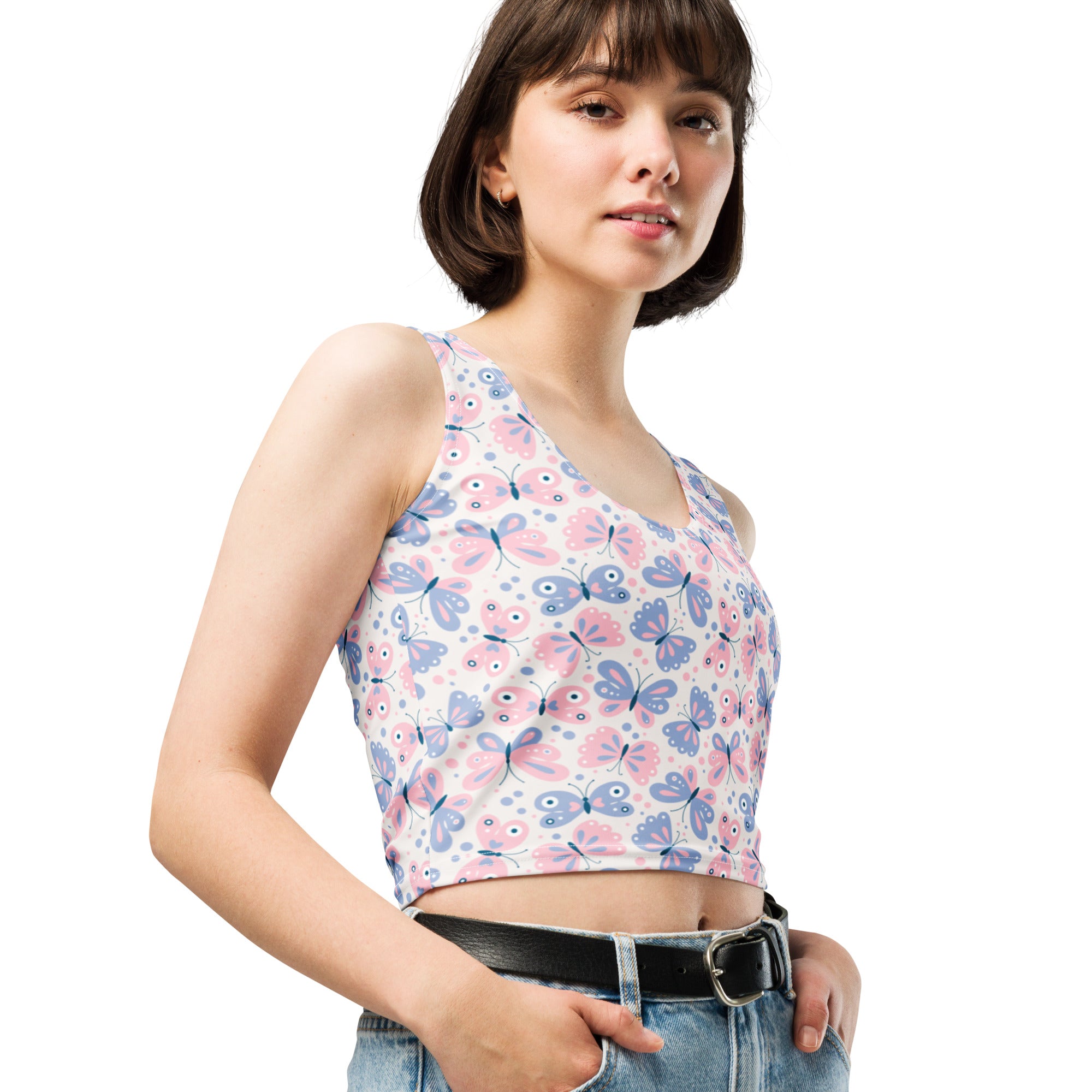 Women's Butterfly Print Buttery Soft Crop Top- Quick-Drying UPF 50+ Stretch Top