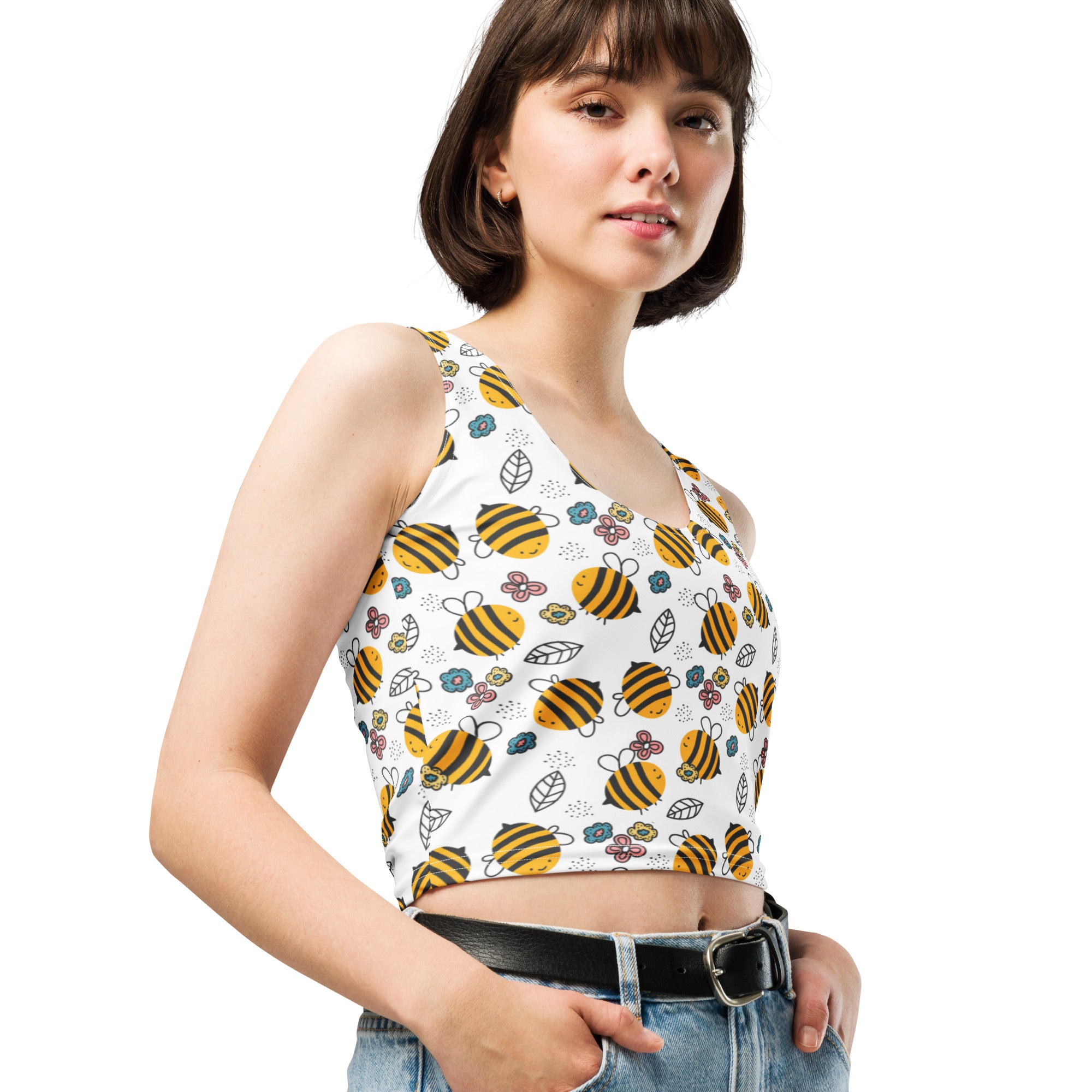 Women's Floral Yellow Bumblebee Buttery Soft Crop Top- Quick-Drying UPF 50+ Stretch Top