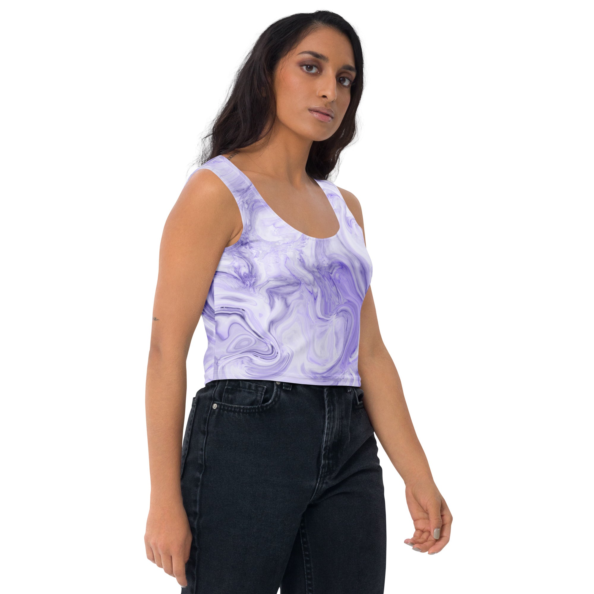 Women's Purple Watercolor Marble Buttery Soft Crop Top- Quick-Drying UPF 50+ Stretch Top