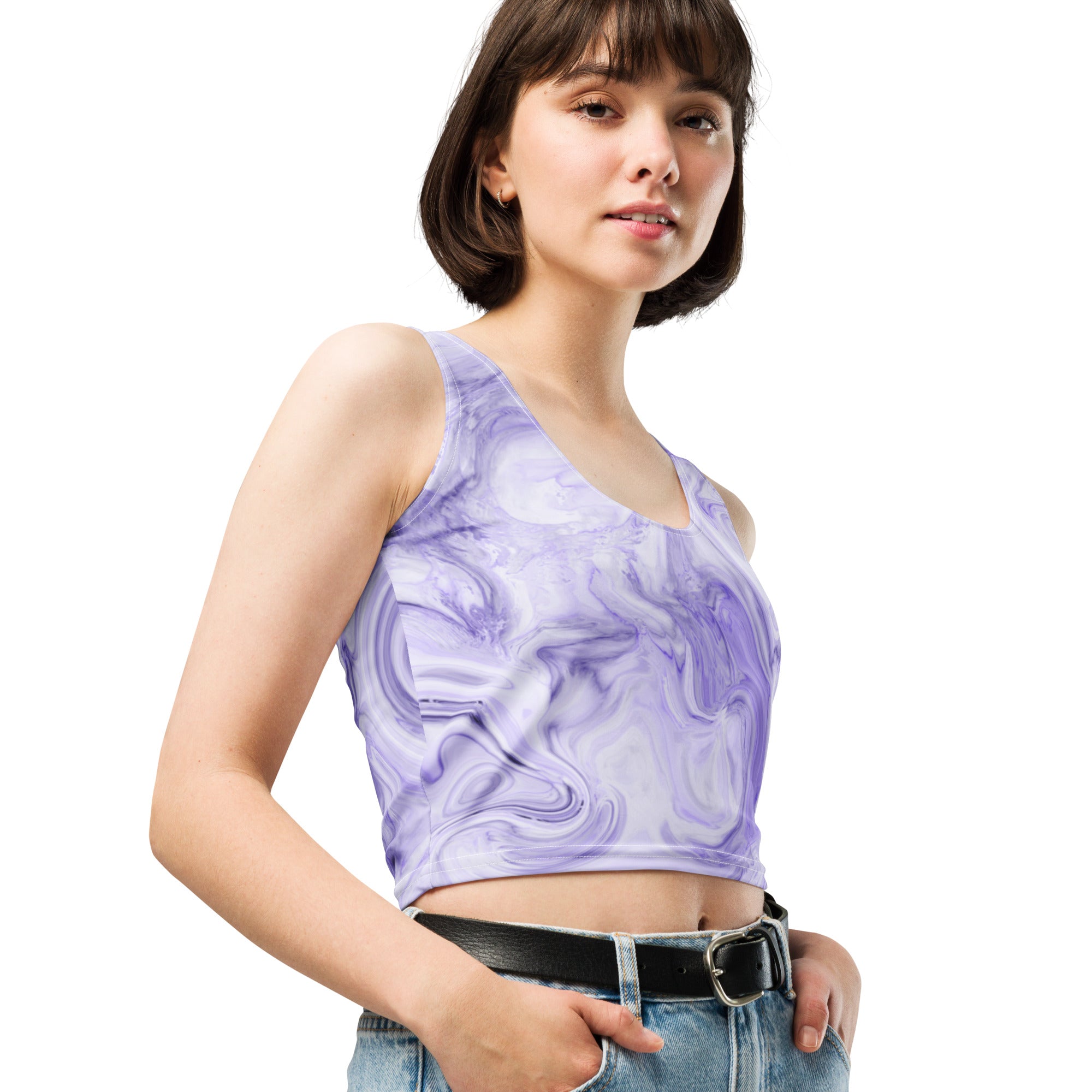 Women's Purple Watercolor Marble Buttery Soft Crop Top- Quick-Drying UPF 50+ Stretch Top
