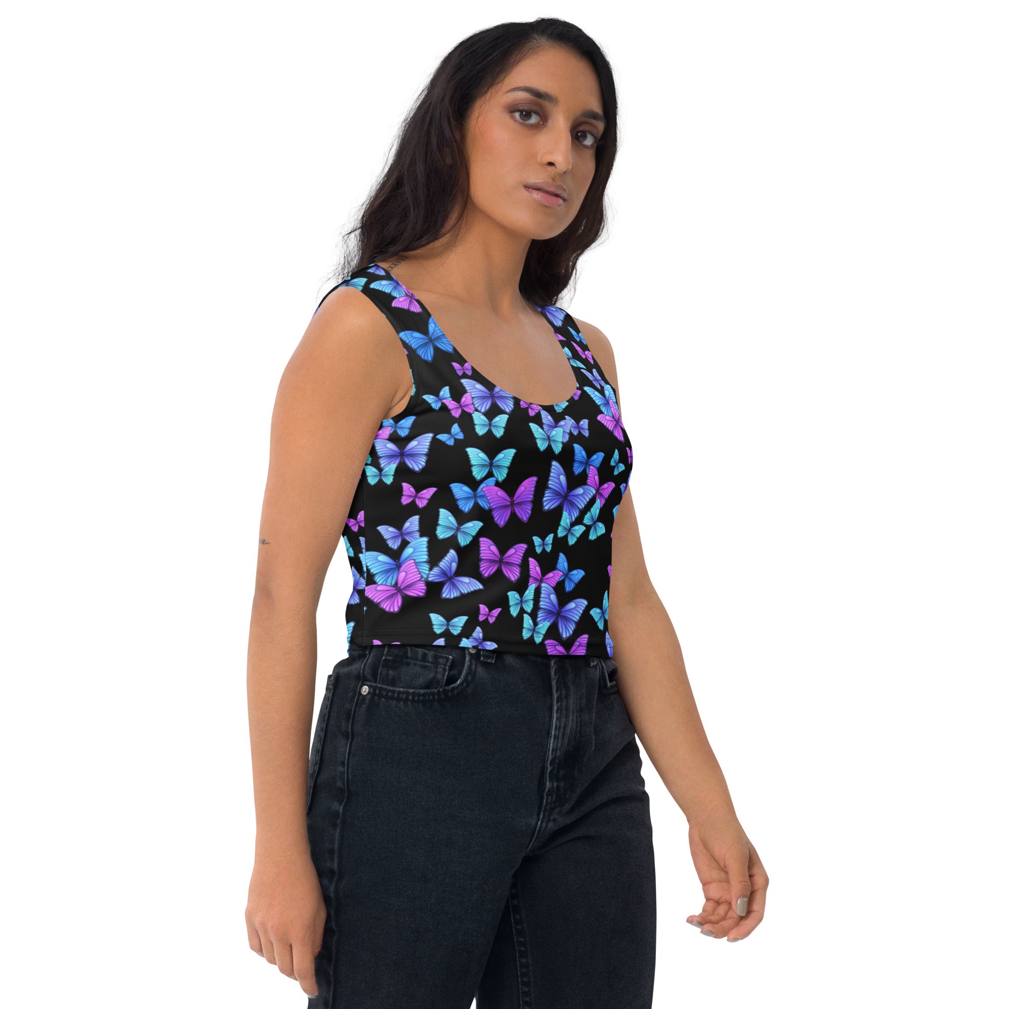 Women's Vibrant Butterfly Buttery Soft Crop Top- Quick-Drying UPF 50+ Stretch Top