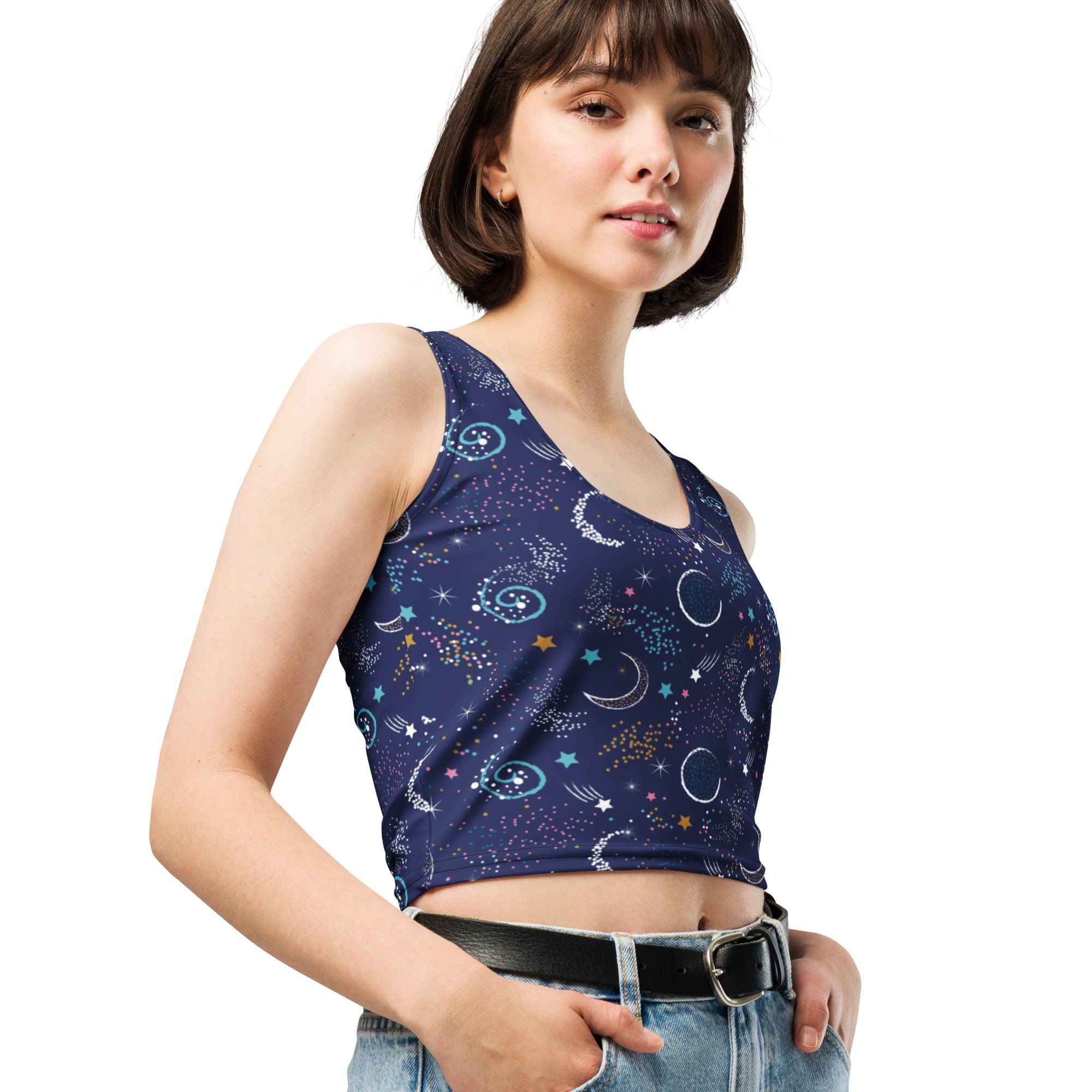 Women's Moon and Stars Buttery Soft Crop Top- Quick-Drying UPF 50+ Stretch Top