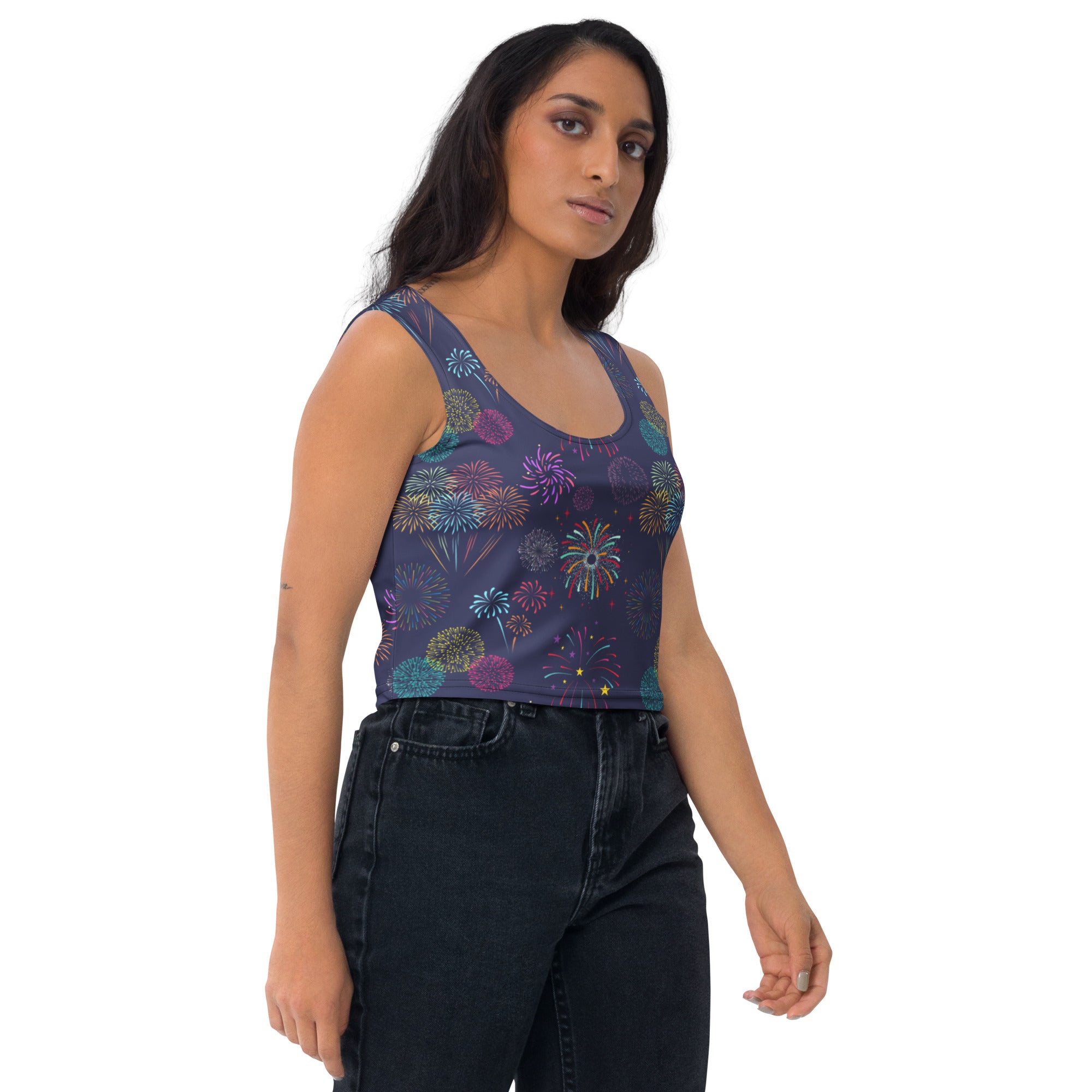 Women's Colorful Fireworks 4th of July Buttery Soft Crop Top- Quick-Drying UPF 50+ Stretch Top