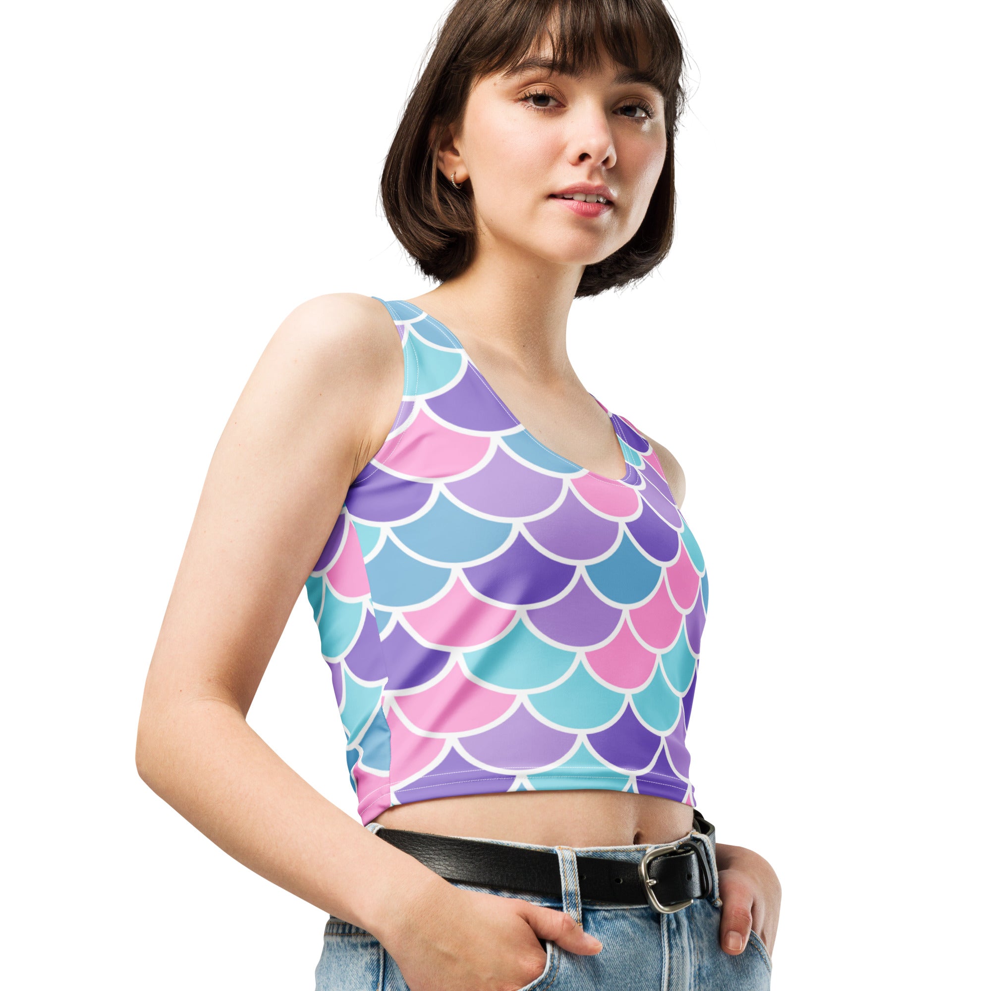 Women's Mermaid Scale Buttery Soft Crop Top- Quick-Drying UPF 50+ Stretch Top