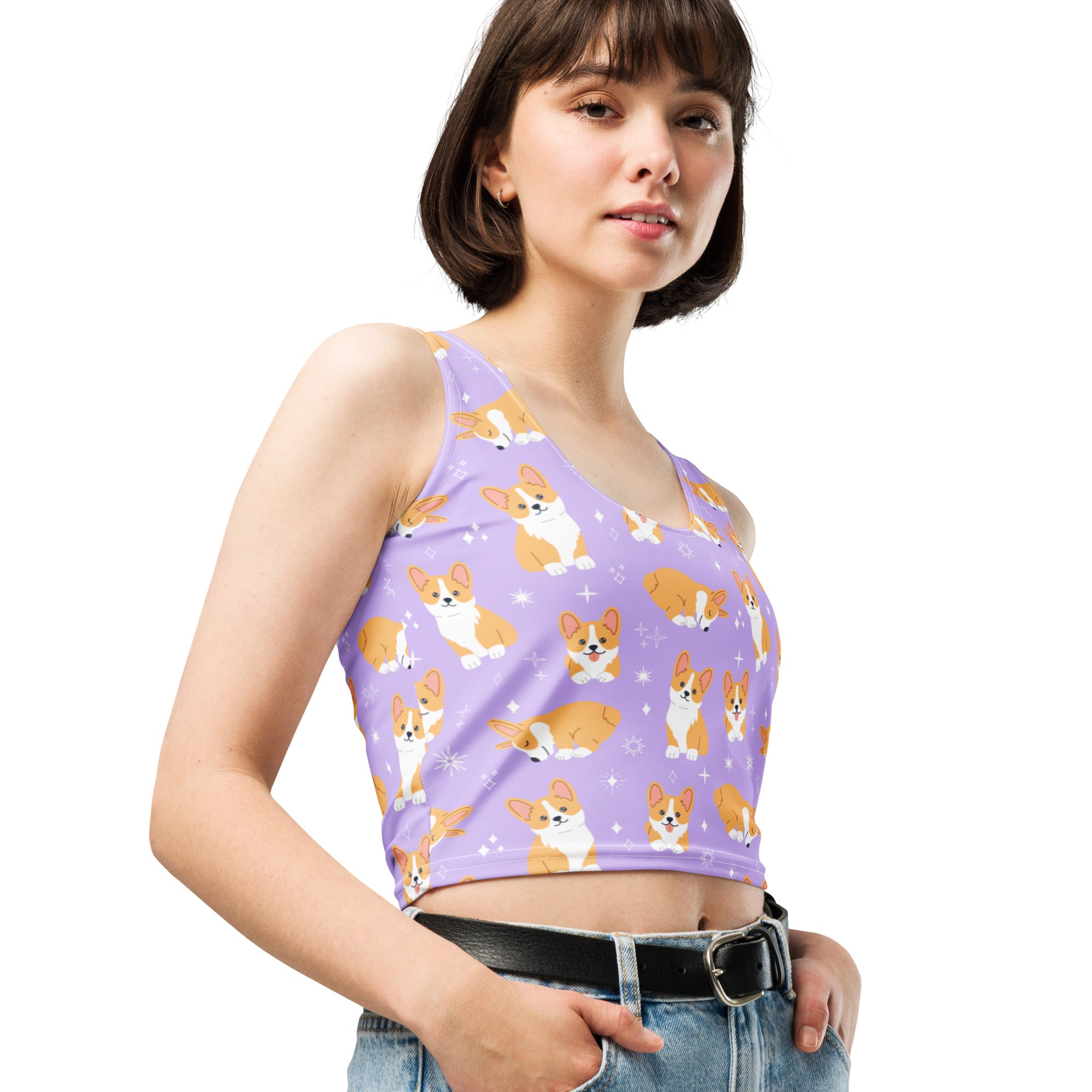 Women's Purple Corgi Dog Buttery Soft Crop Top- Quick-Drying UPF 50+ Stretch Top