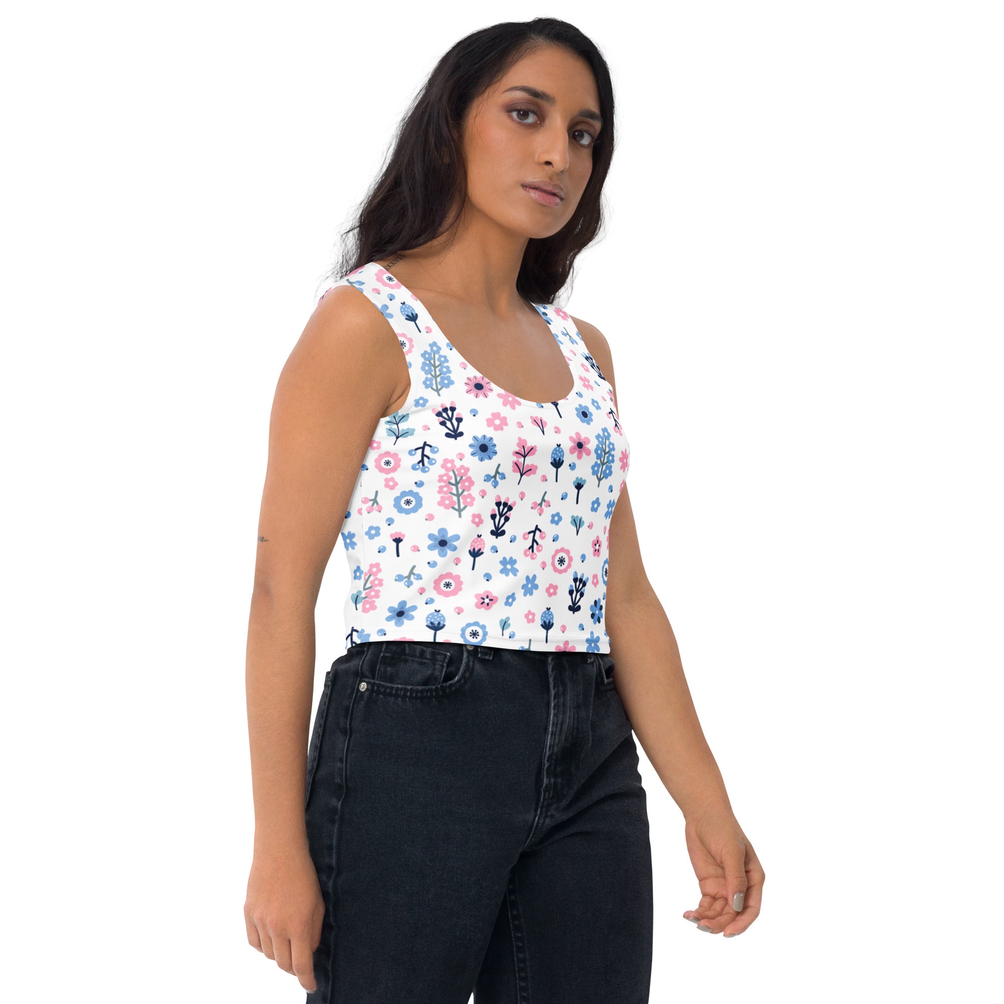 Women's Floral Purple And Blue Flowers Buttery Soft Crop Top- Quick-Drying UPF 50+ Stretch Top