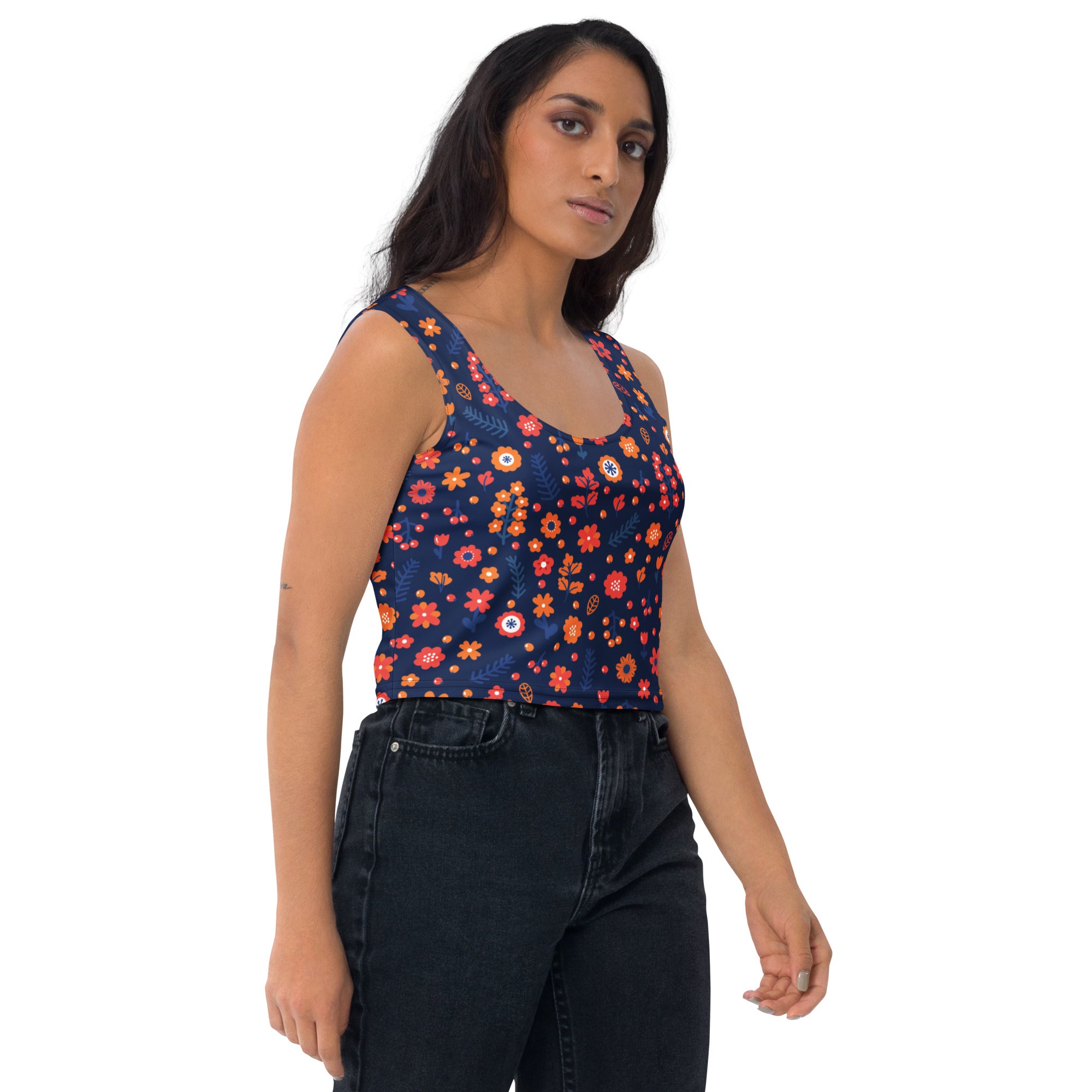 Women's Navy Floral Buttery Soft Crop Top- Quick-Drying UPF 50+ Stretch Top