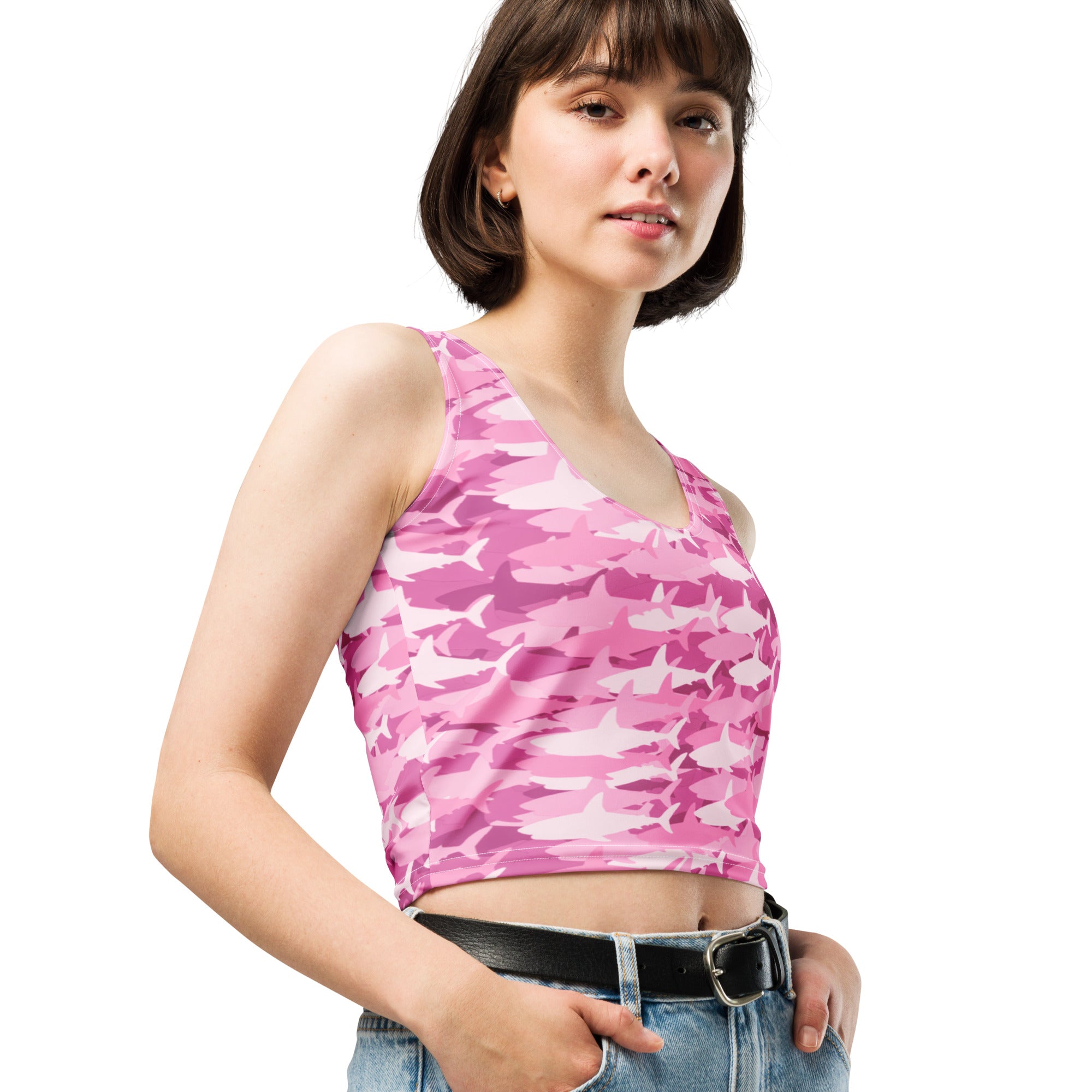 Women's Pink Shark Camouflage Buttery Soft Crop Top- Quick-Drying UPF 50+ Stretch Top