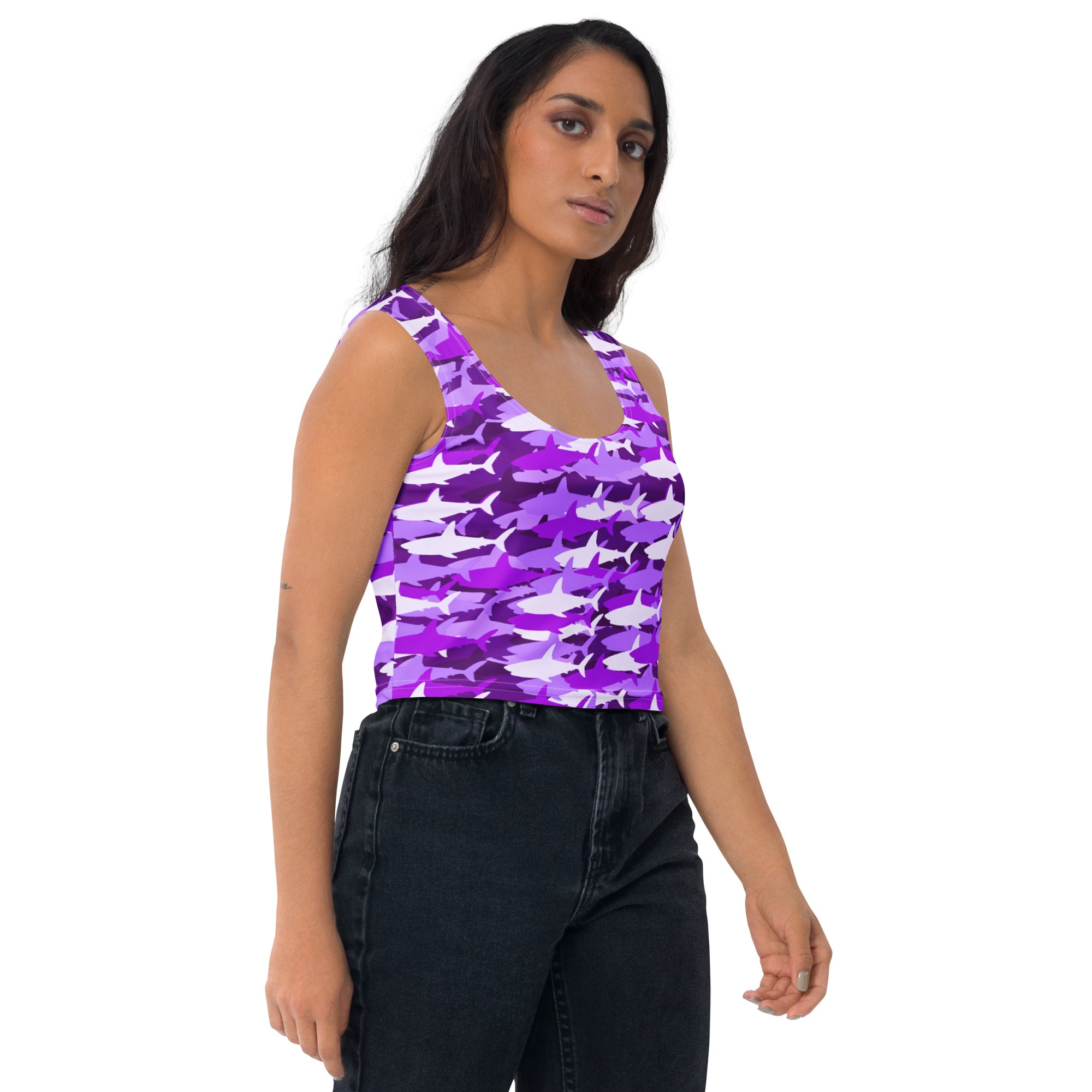 Women's Purple Shark Camouflage Buttery Soft Crop Top- Quick-Drying UPF 50+ Stretch Top