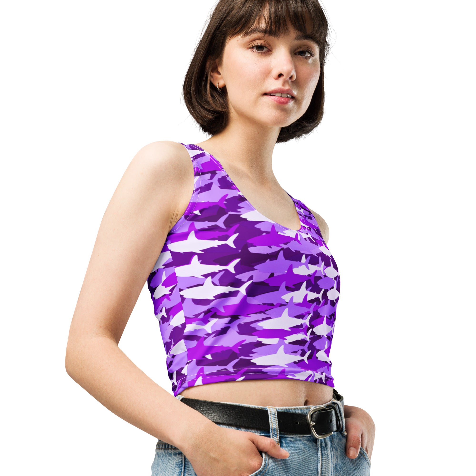 Women's Purple Shark Camouflage Buttery Soft Crop Top- Quick-Drying UPF 50+ Stretch Top