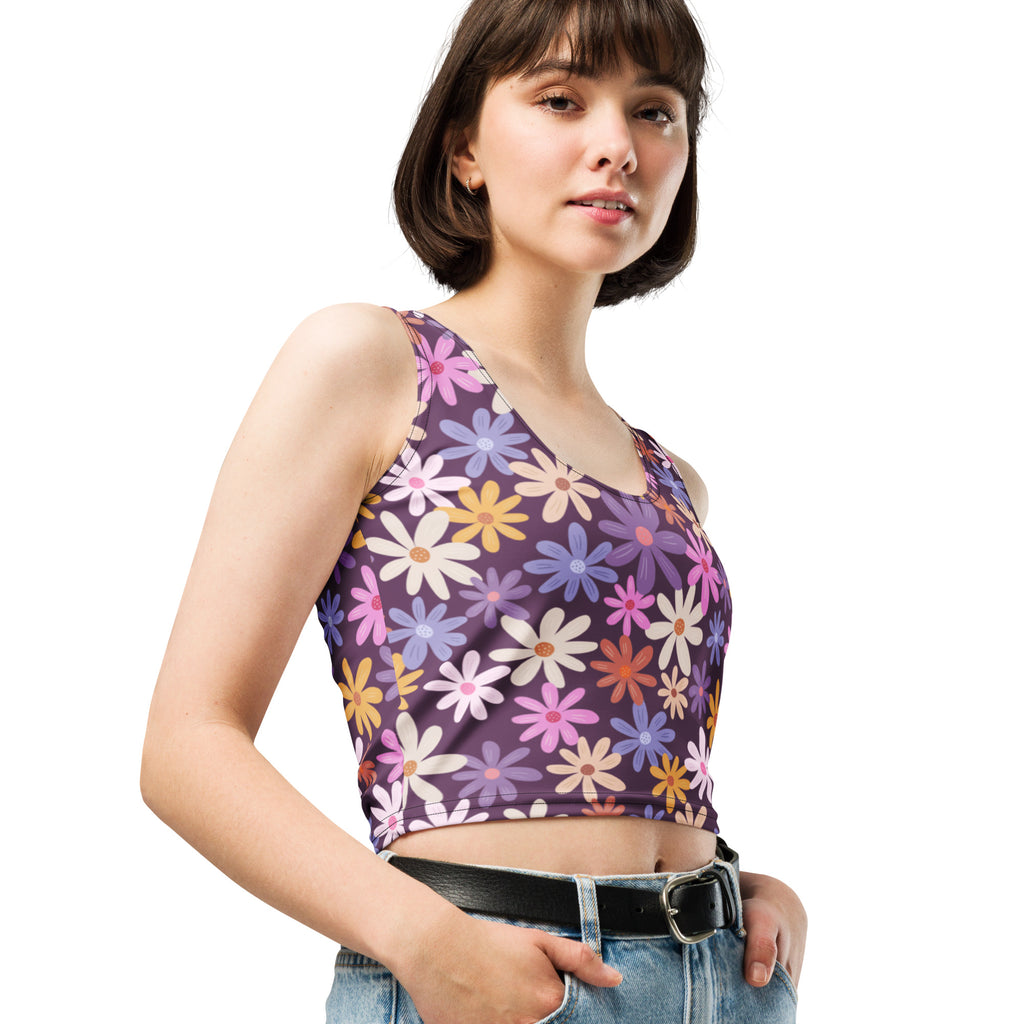 Women's Purple Daisy Floral Buttery Soft Crop Top- Quick-Drying UPF 50+ Stretch Top