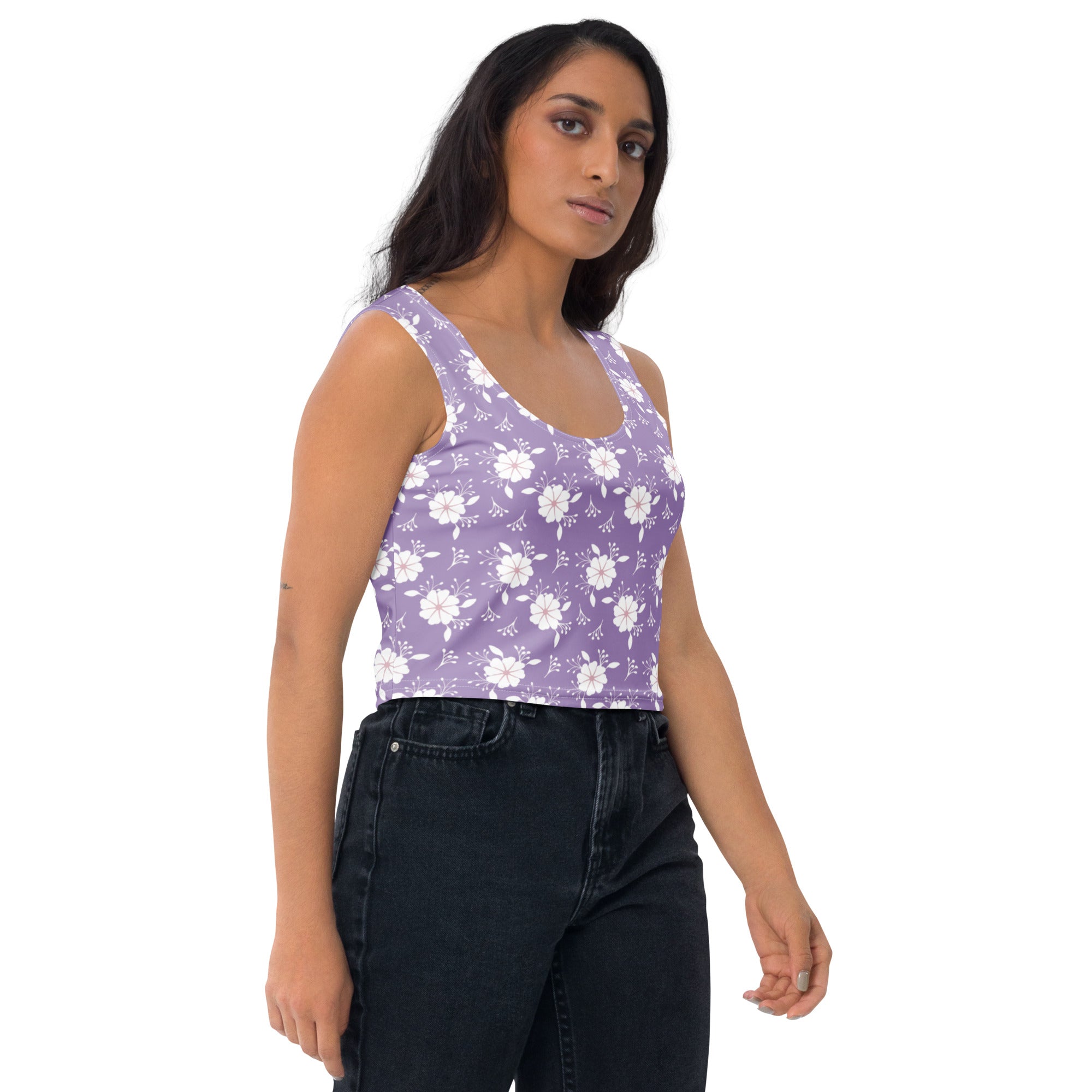 Women's Purple White Floral Buttery Soft Crop Top- Quick-Drying UPF 50+ Stretch Top