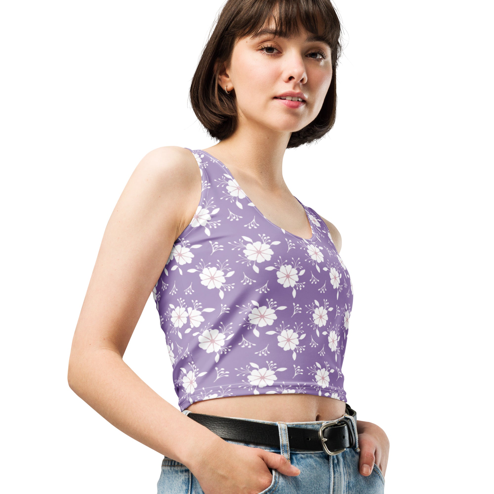 Women's Purple White Floral Buttery Soft Crop Top- Quick-Drying UPF 50+ Stretch Top