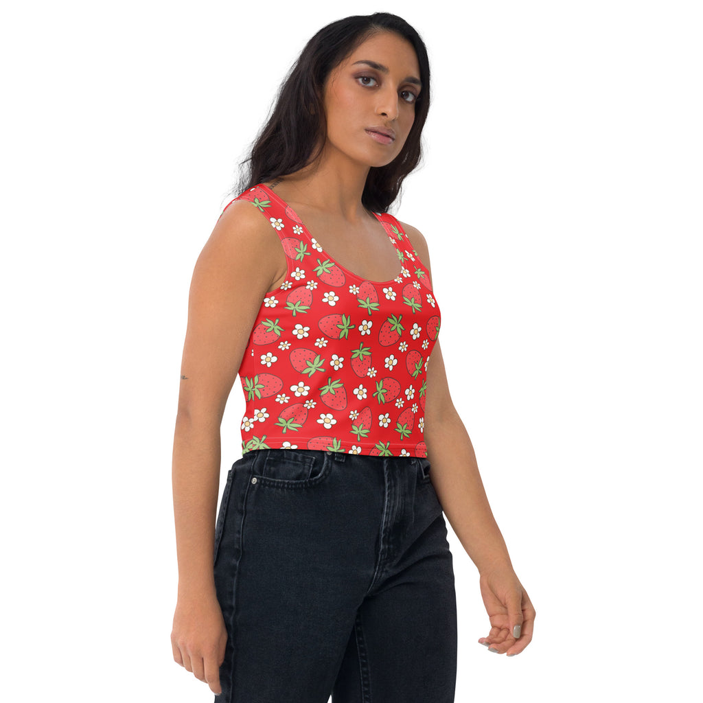 Women's Red Strawberry Daisy Buttery Soft Crop Top- Quick-Drying UPF 50+ Stretch Top