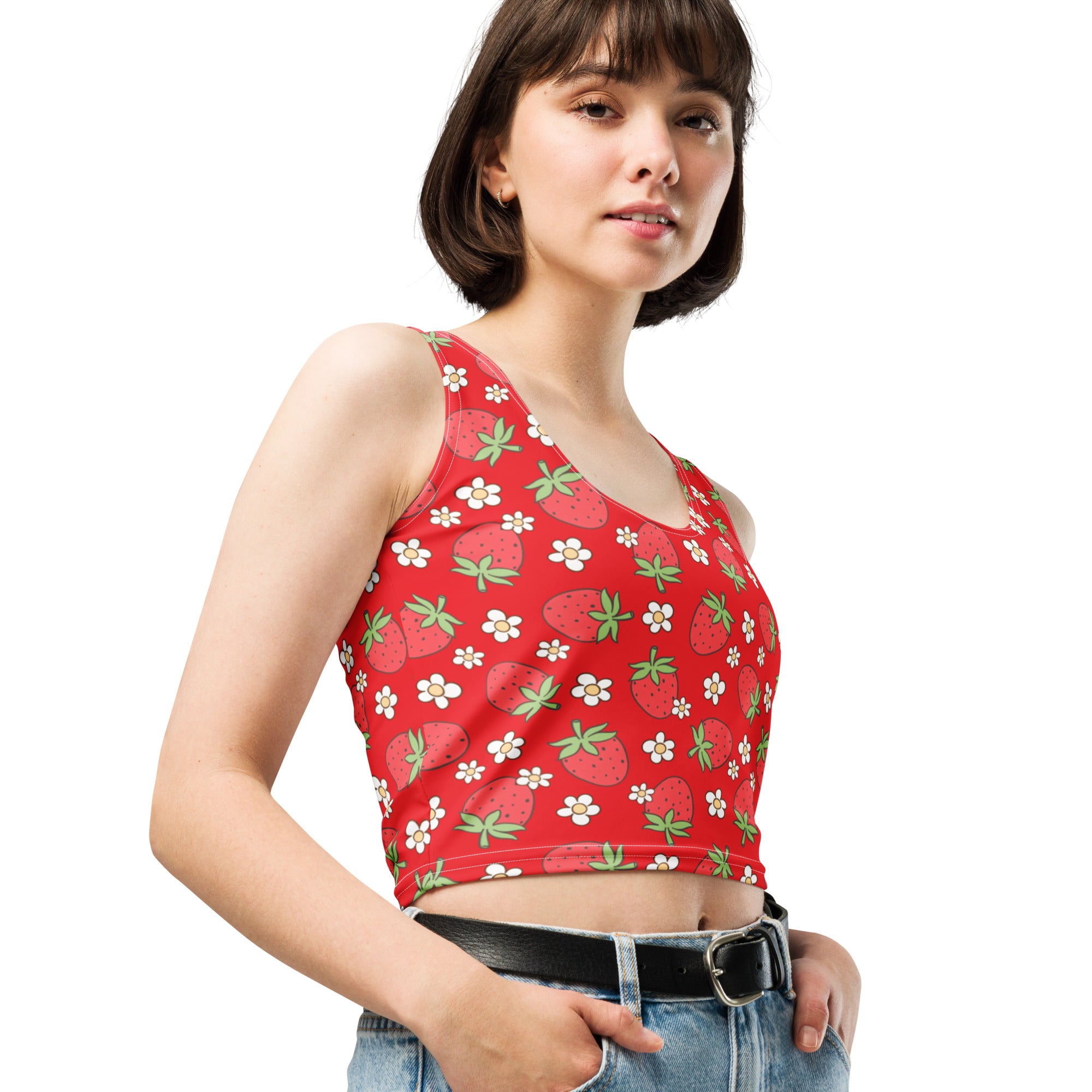 Women's Red Strawberry Daisy Buttery Soft Crop Top- Quick-Drying UPF 50+ Stretch Top