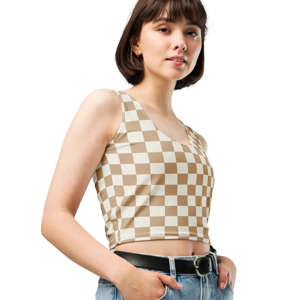 Women's Tan Checkerboard Buttery Soft Crop Top- Quick-Drying UPF 50+ Stretch Top