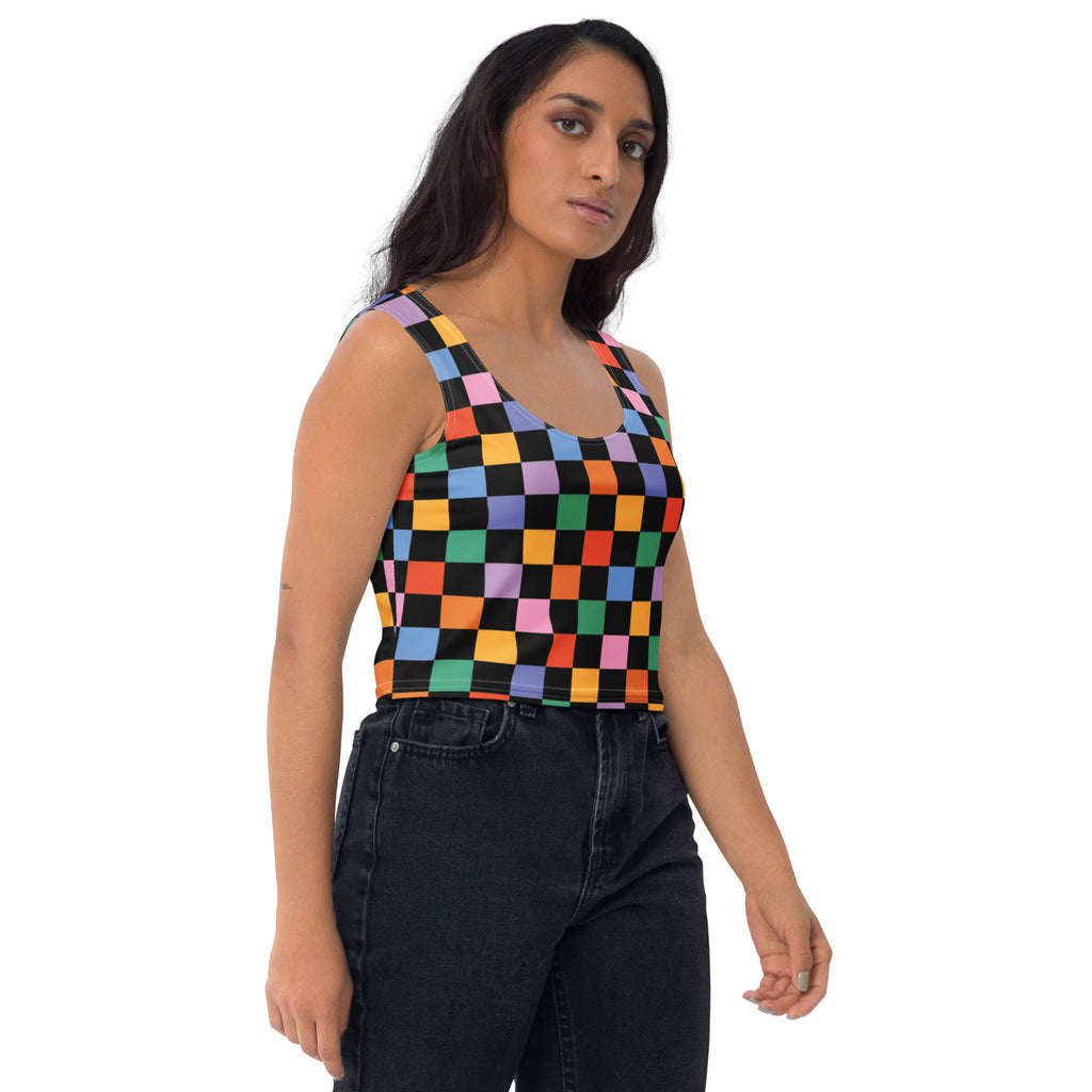 Women's Black Colorful Checkerboard Buttery Soft Crop Top- Quick-Drying UPF 50+ Stretch Top